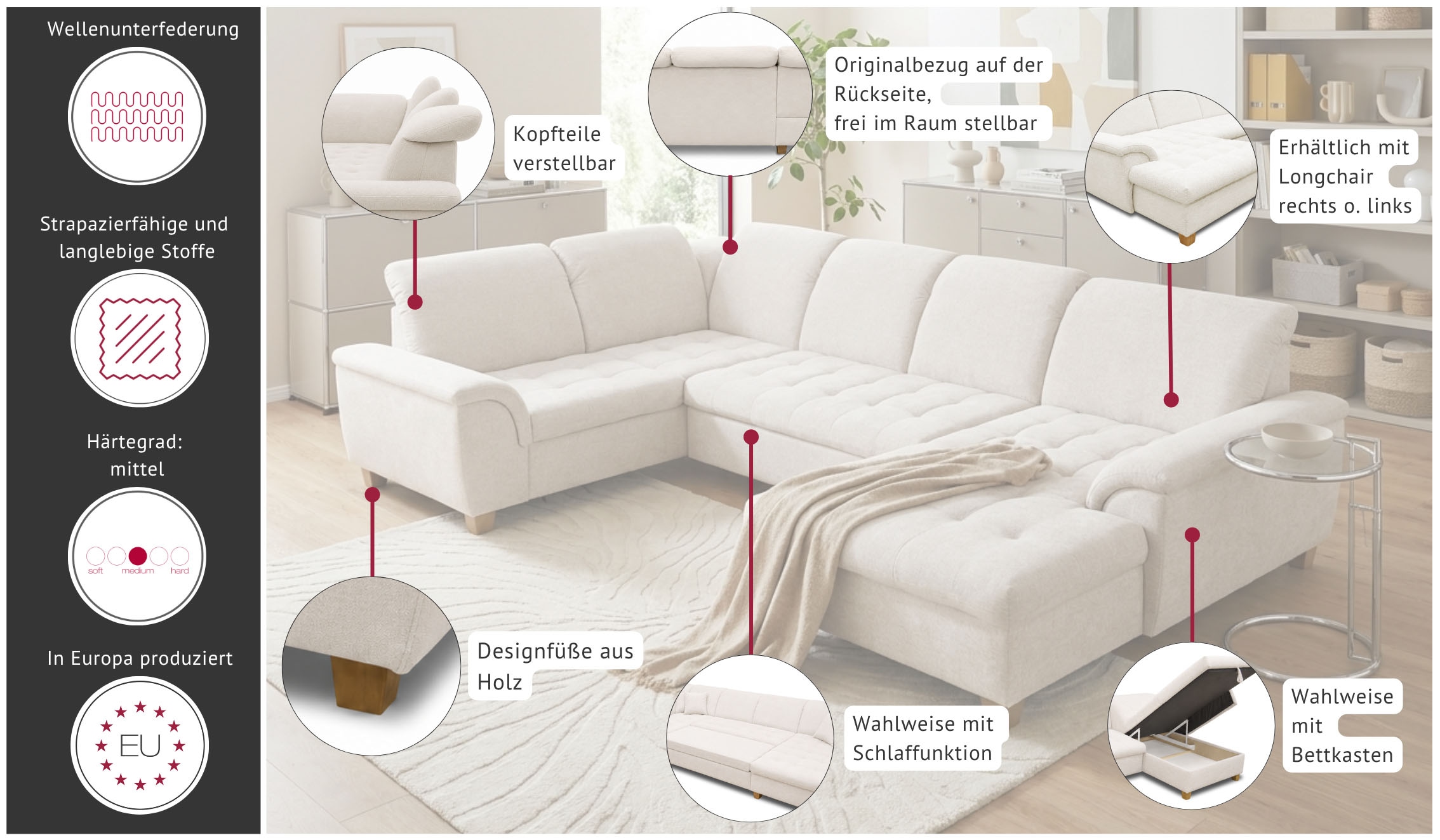 GOODproduct Wohnlandschaft »Egedal 352 x 214 cm, auch mit Schlaffunktion & Bettkasten, Holzfüsse« Kopfteile verstellbar, U-Form, aus pflegeleichtem Lu x us-Microfaser