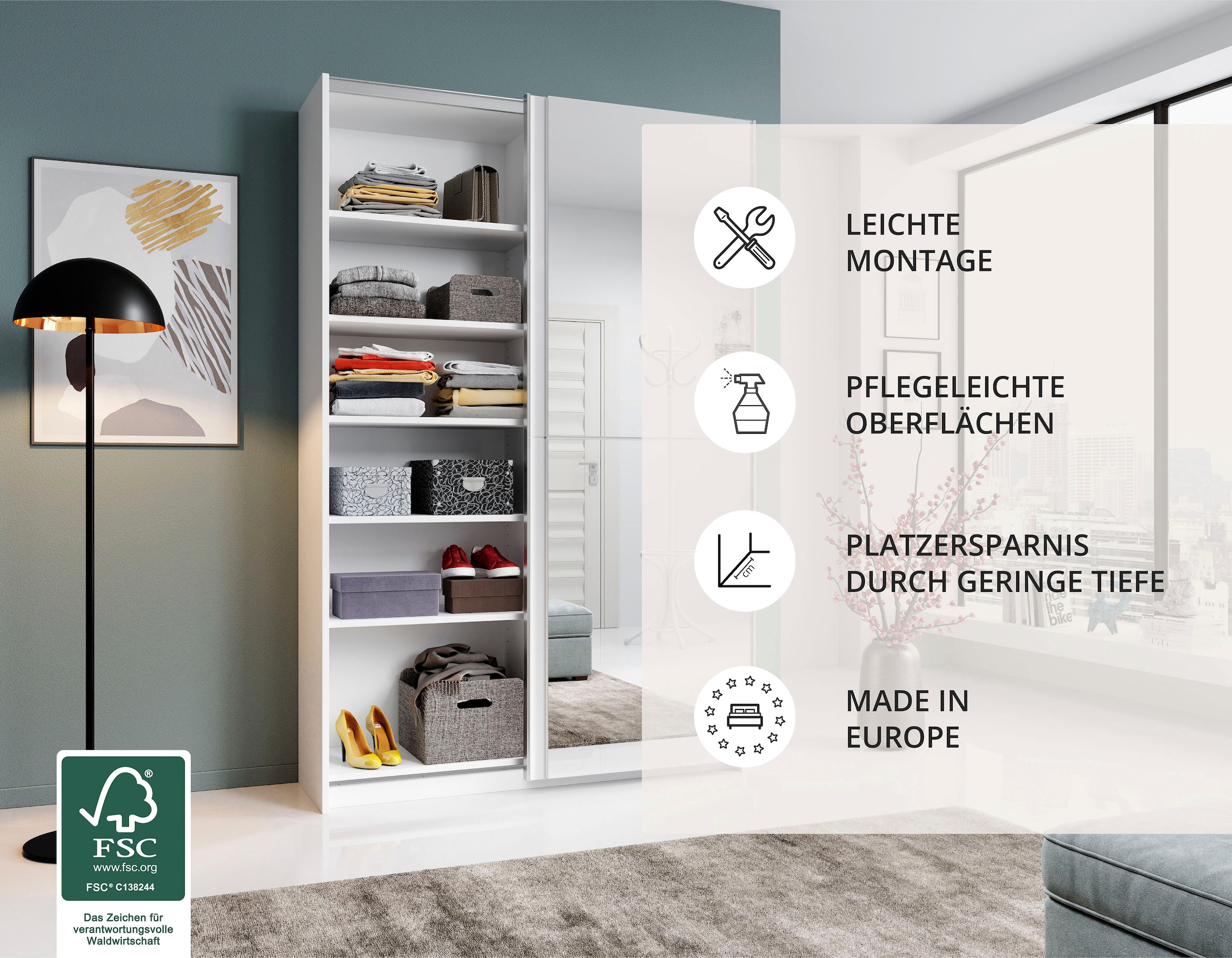 Schlafkontor Schwebetürenschrank »Heimo/Fast Schrank Kleiderschrank Garderobe«, geringe Tiefe, ausziehbarer Kleiderstange, Garderobenschrank, 6 Böden
