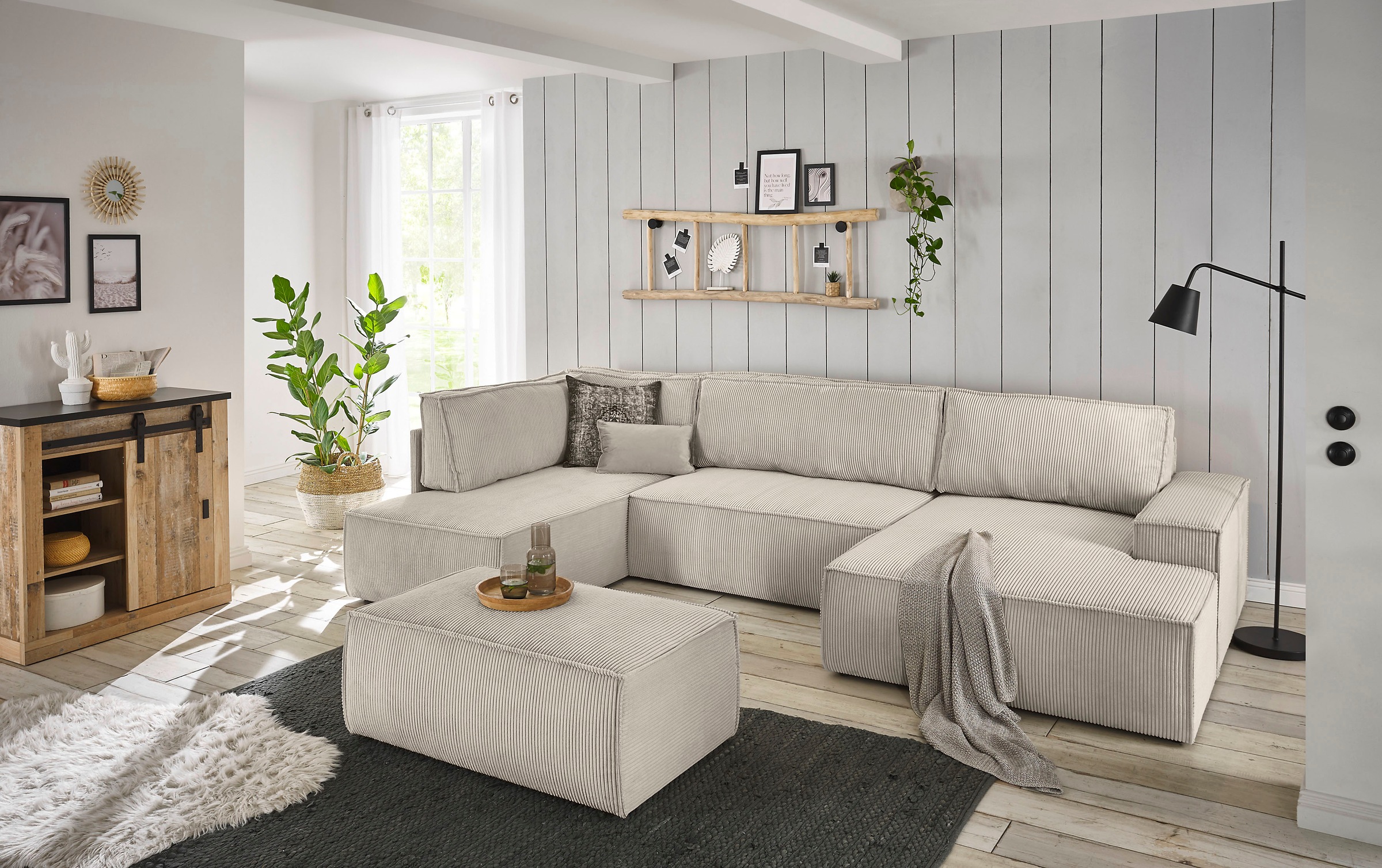 Home affaire Wohnlandschaft »SHERWOOD 329 cm, U-Form, Schlafsofa,«, Schlaffunktion m. Bettkasten (194x139 cm), Cord, Vintage, Samtvelours