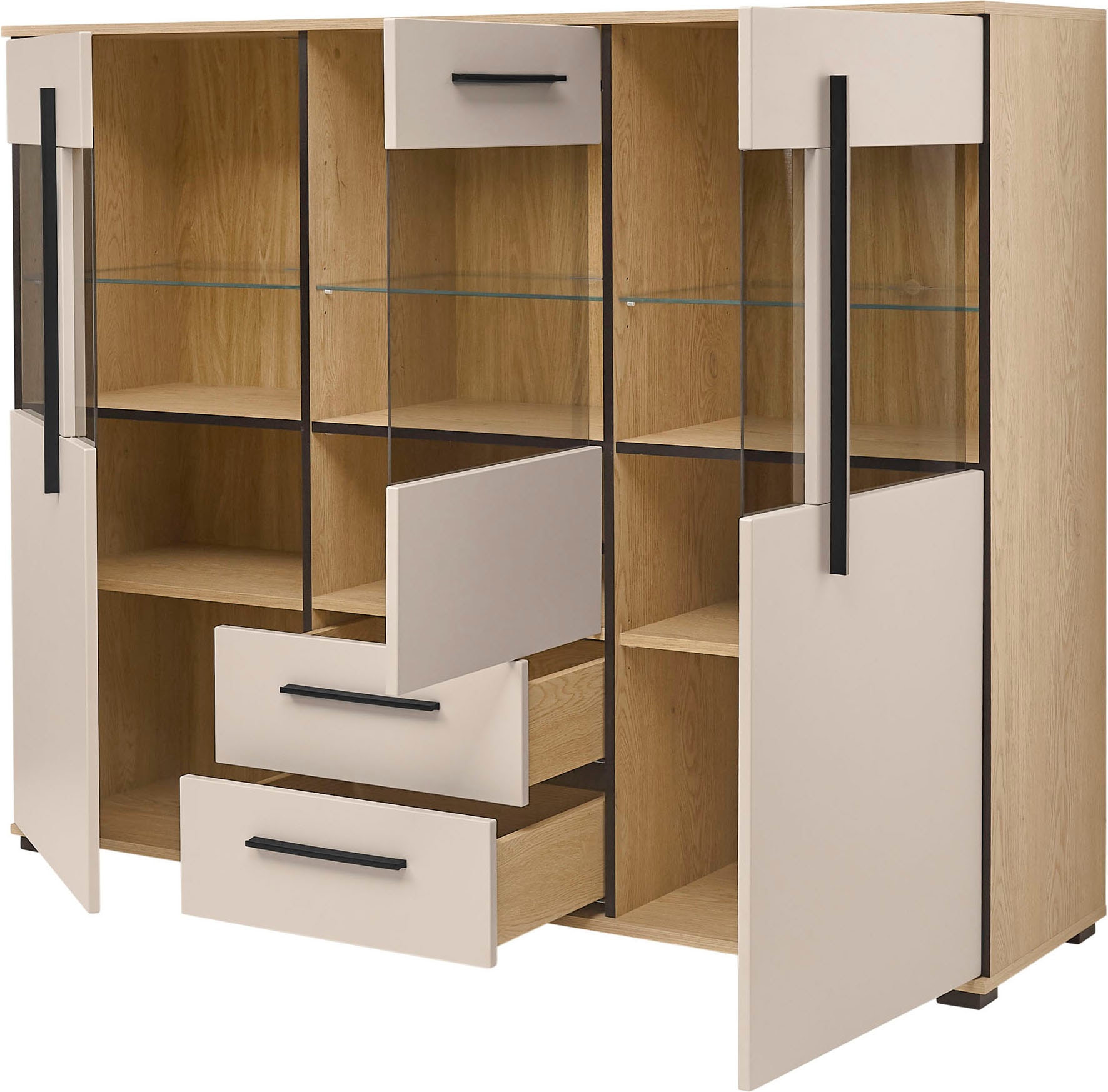 Home affaire Buffet haut »Cantara, moderner Schrank, Vitrine in Eiche Dekor, Weiss oder Kaschmir« poignées noires en barre, espace de rangement suffisant, polyvalent