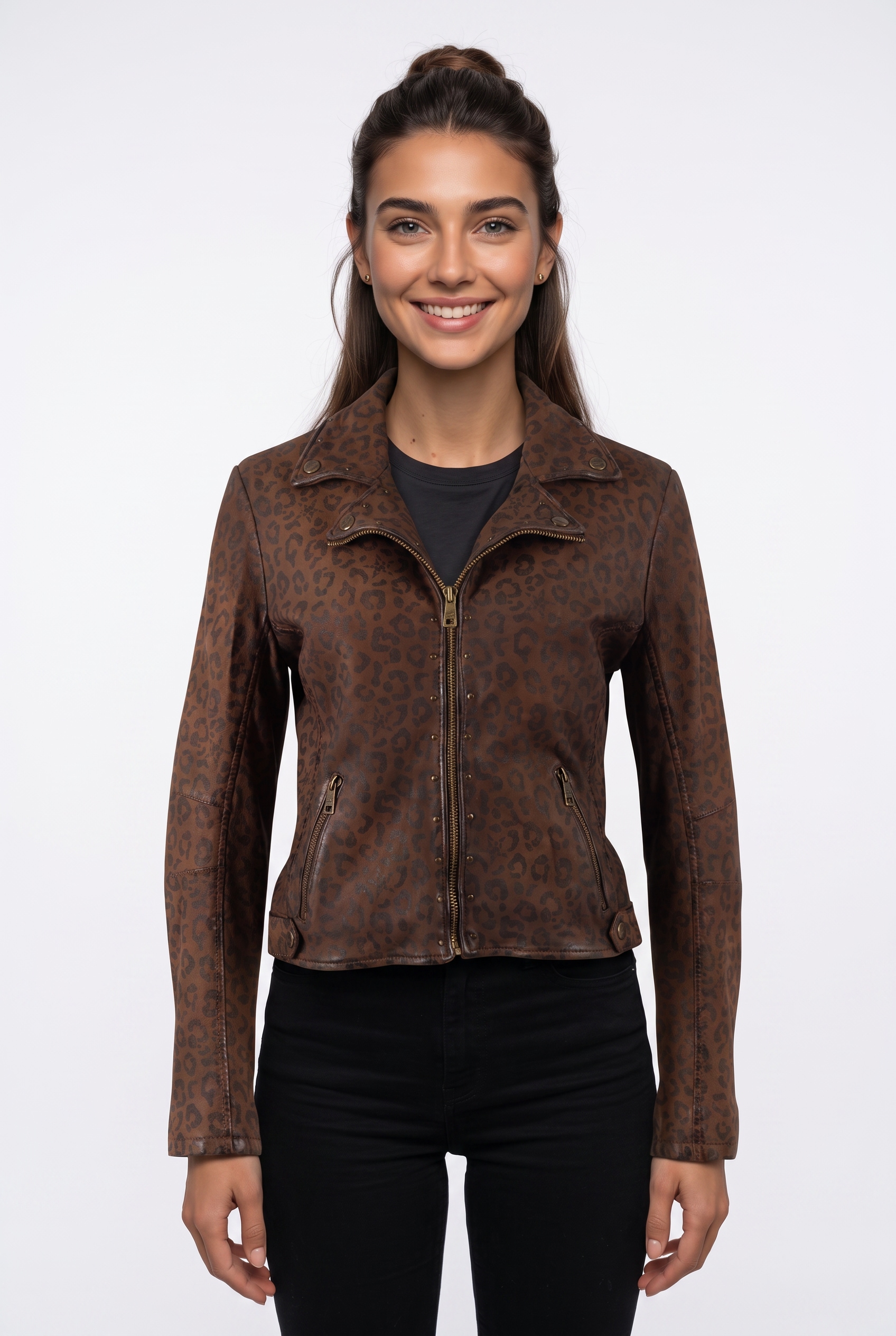 Image of Mauritius Lederjacke "MWNyxa" mit dekorativem Nietenbesatz, Leo-Print