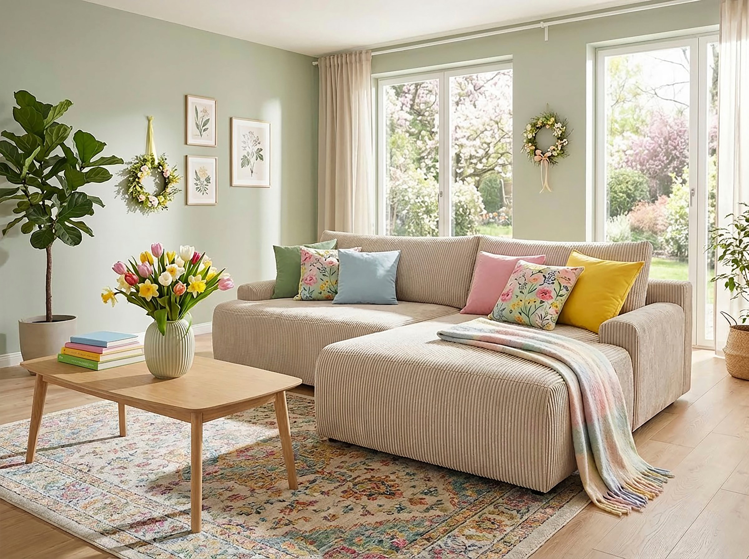 Image of TRENDMANUFAKTUR Ecksofa "Prag, Schlafsofa mit Bettkasten, Couch in L-Form, Breite 253 cm" in Cordstoff HYPER, cream, Recamiere rechts