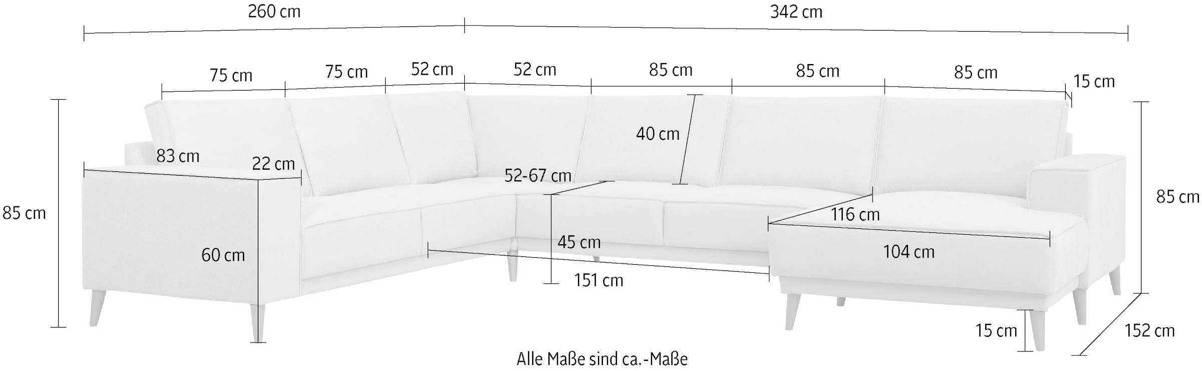 GOODproduct Wohnlandschaft »Oland Skandi, weicher Chenille-Stoff« U-Form, 342 cm, Wellenunterfederung, Skandi-Design, Massivholzfüsse