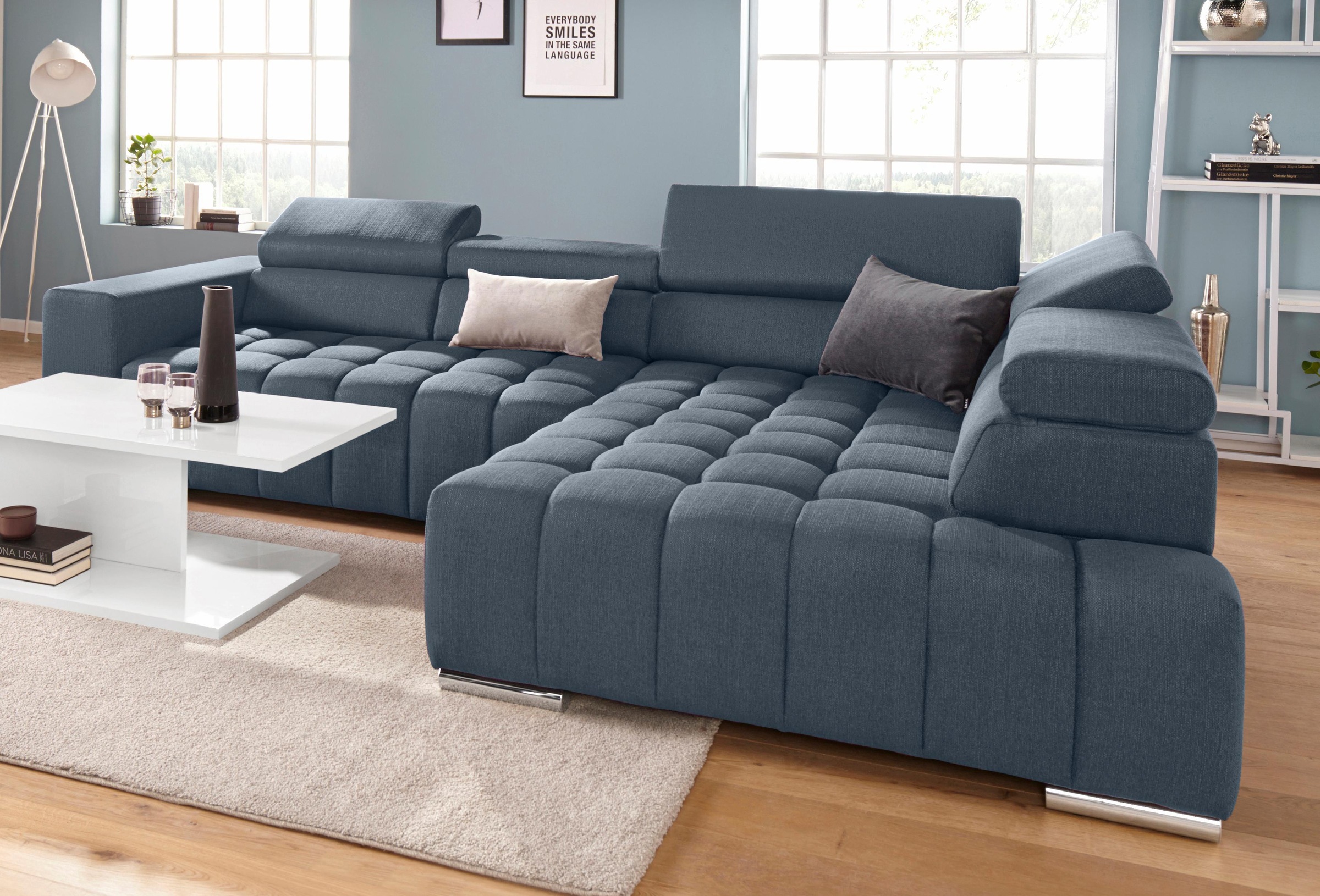 exxpo - sofa fashion Ecksofa »Elias, aktuelle Kreuzsteppung im Sitz, bequem, Breite 307cm, L-Form« mit Kopf- bzw. Rückenverstellung, wahlweise mit Bettfunktion