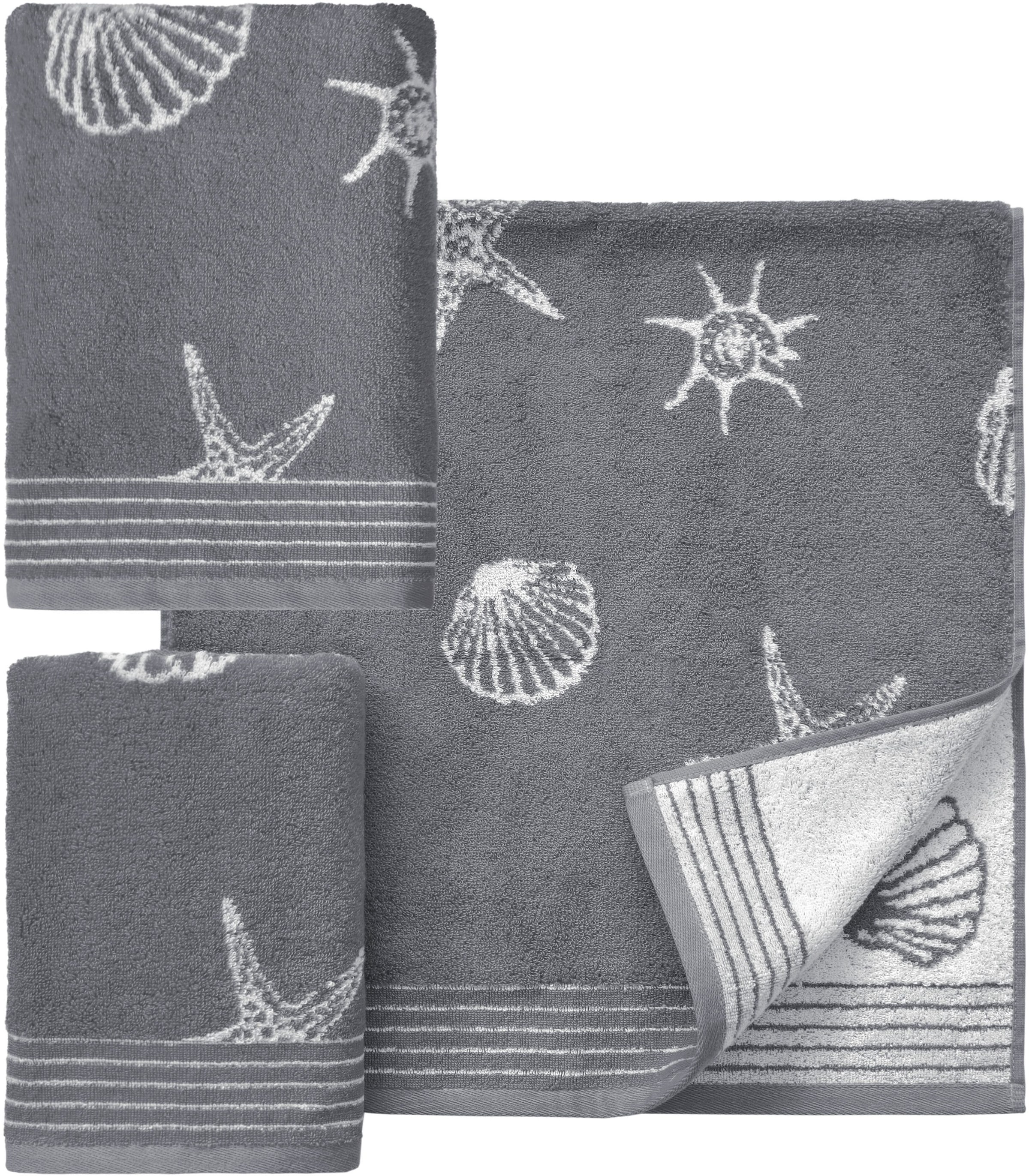 Image of Dyckhoff Handtuch Set "Seashell" Set 3 Stk. Walkfrottee mit Muschelmuster; 2 Handtücher (50x100cm), 1 Duschtuch (70x140cm)