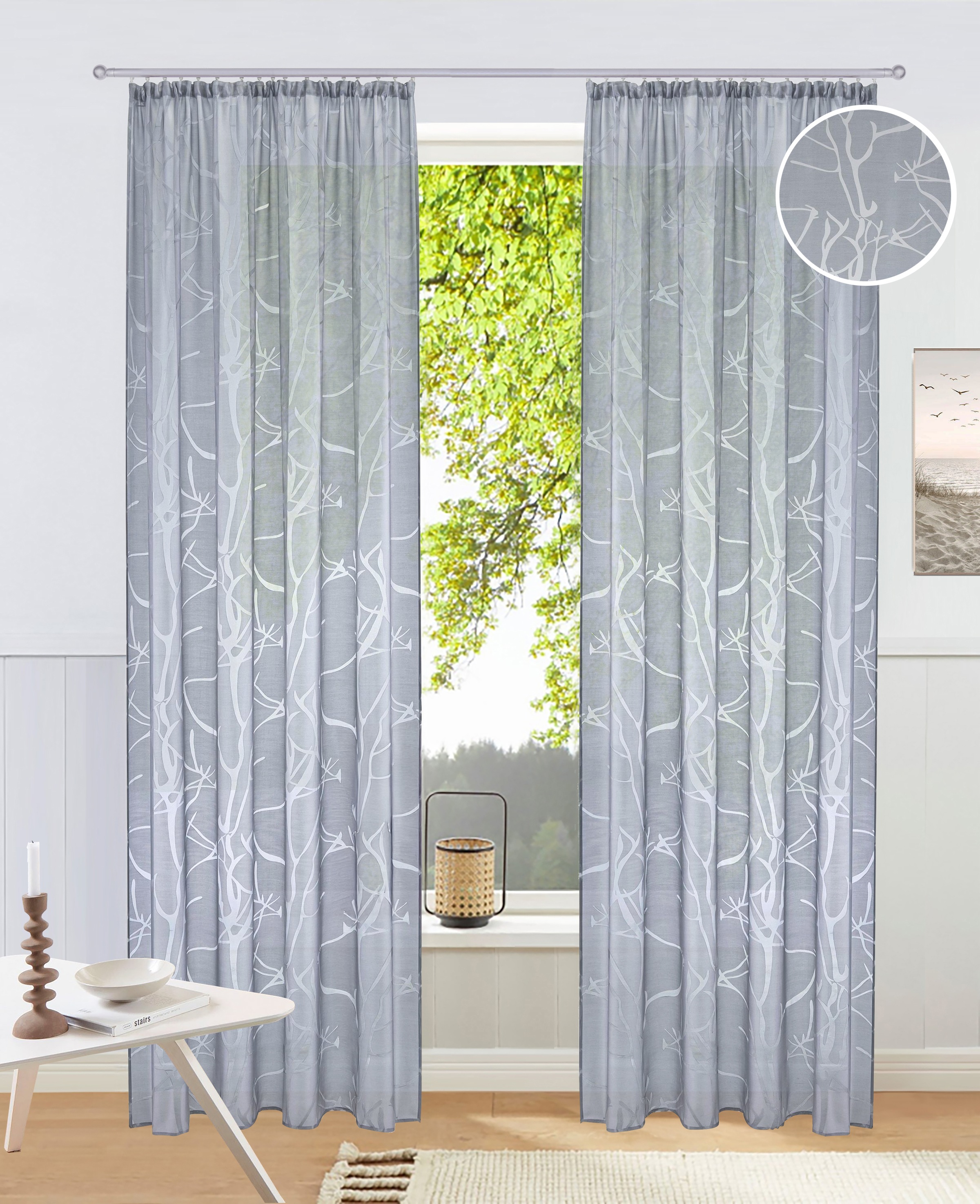 Image of GOODproduct Gardine "Anna" Kräuselband 1 Stk. tlg. Viskose, Polyester, Äste-Motiv