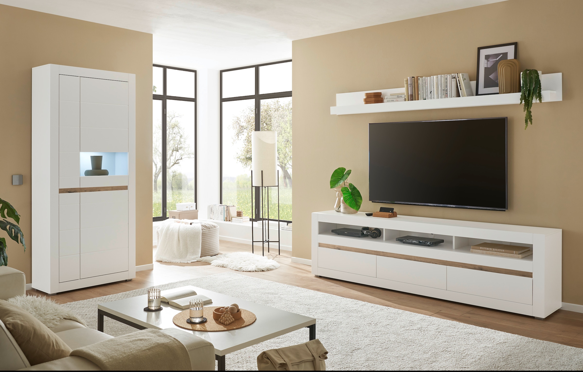 INOSIGN Wohnwand »Anbauwand in Weiss Matt, Wohnzimmer-Set mit austauschbarer Blende«, (Set, 3 St.), enthält Vitrine, Lowboard, Wandboard, zeitloses Design, 312 cm breit
