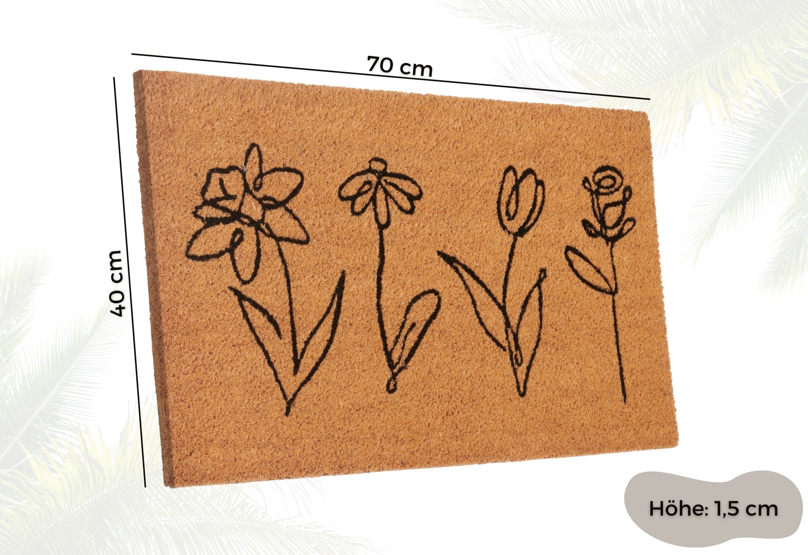 HANSE Home Fussmatte »Kokos Line-Art Flowers, Türmatte«, rechteckig, 15 mm Höhe, Schmutzfangmatte, Rutschfest, Outdoor, Innen, Aussen, Kokosmatte, Flur