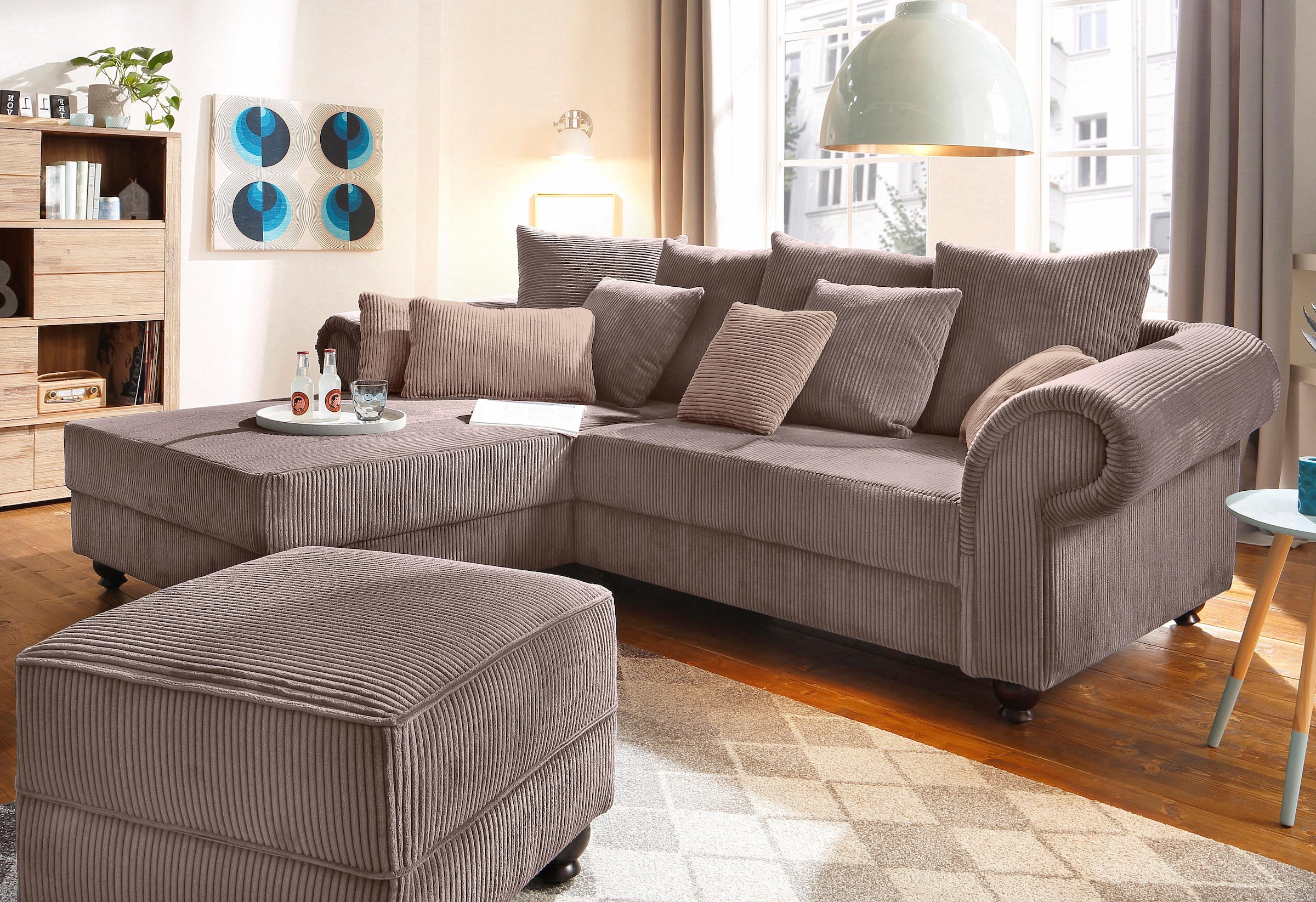 Home affaire Canapé d'angle »King George King Henry, Mega Sofa, Breite 260cm, L-Form« mit Federkern, in legerer Polsterung und vielen Kissen