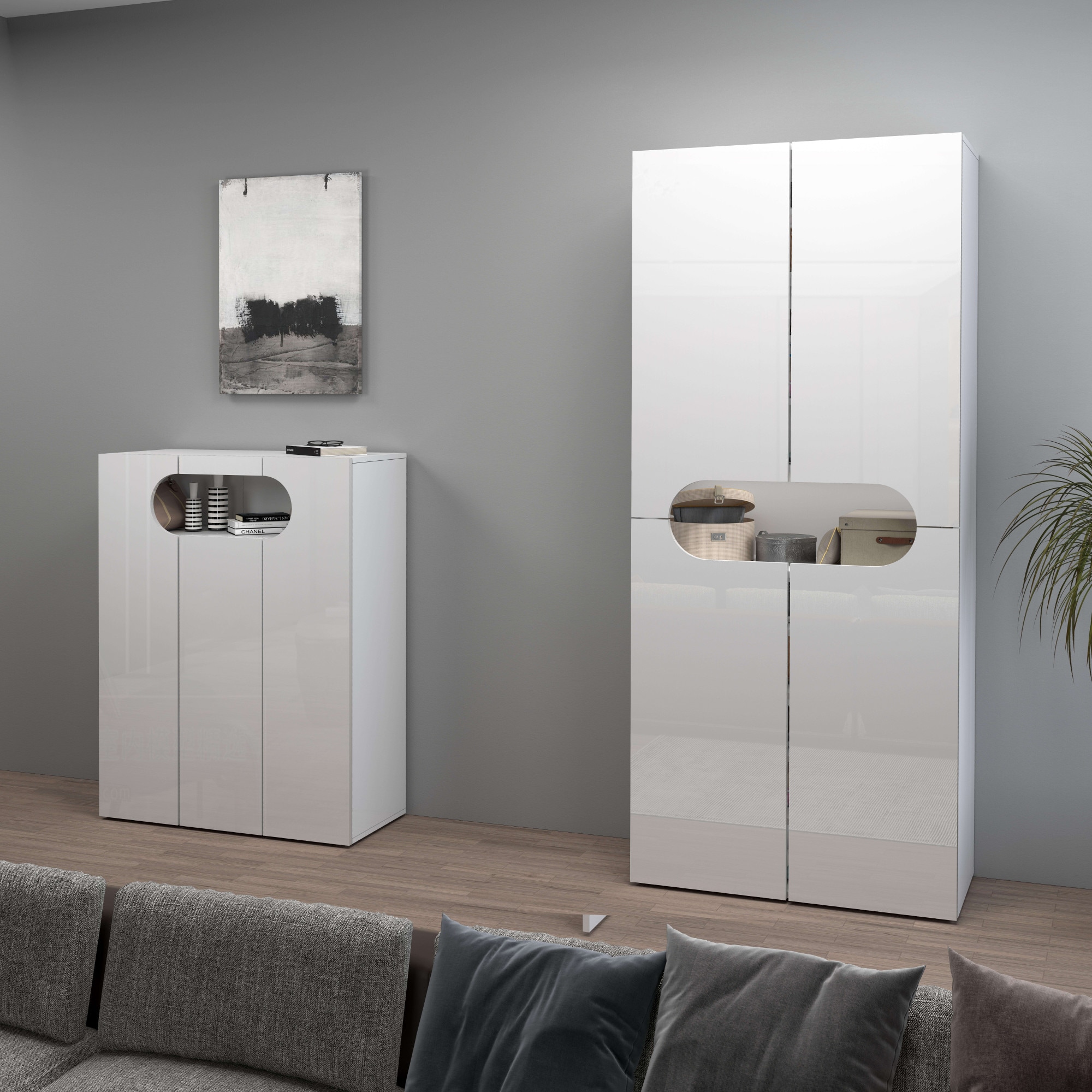 INOSIGN Schuhschrank »Real,Schuhschrank,Schuhkommode,Schuhregal,Breite 90 cm«, komplett Hochglanz lackiert, 3 Türen mit offenem Fach in ovaler Form