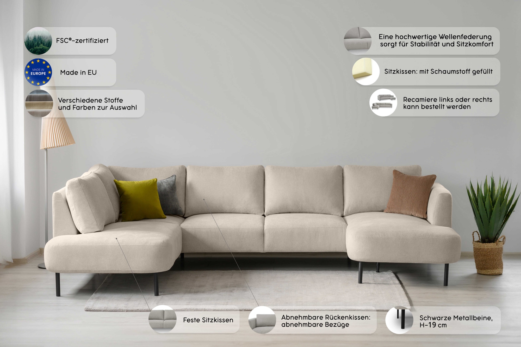 Places of Style Wohnlandschaft »Cesola«, in weichem Chenille-Stoff, Breite 327 cm, mit schwarzen Metallfüssen