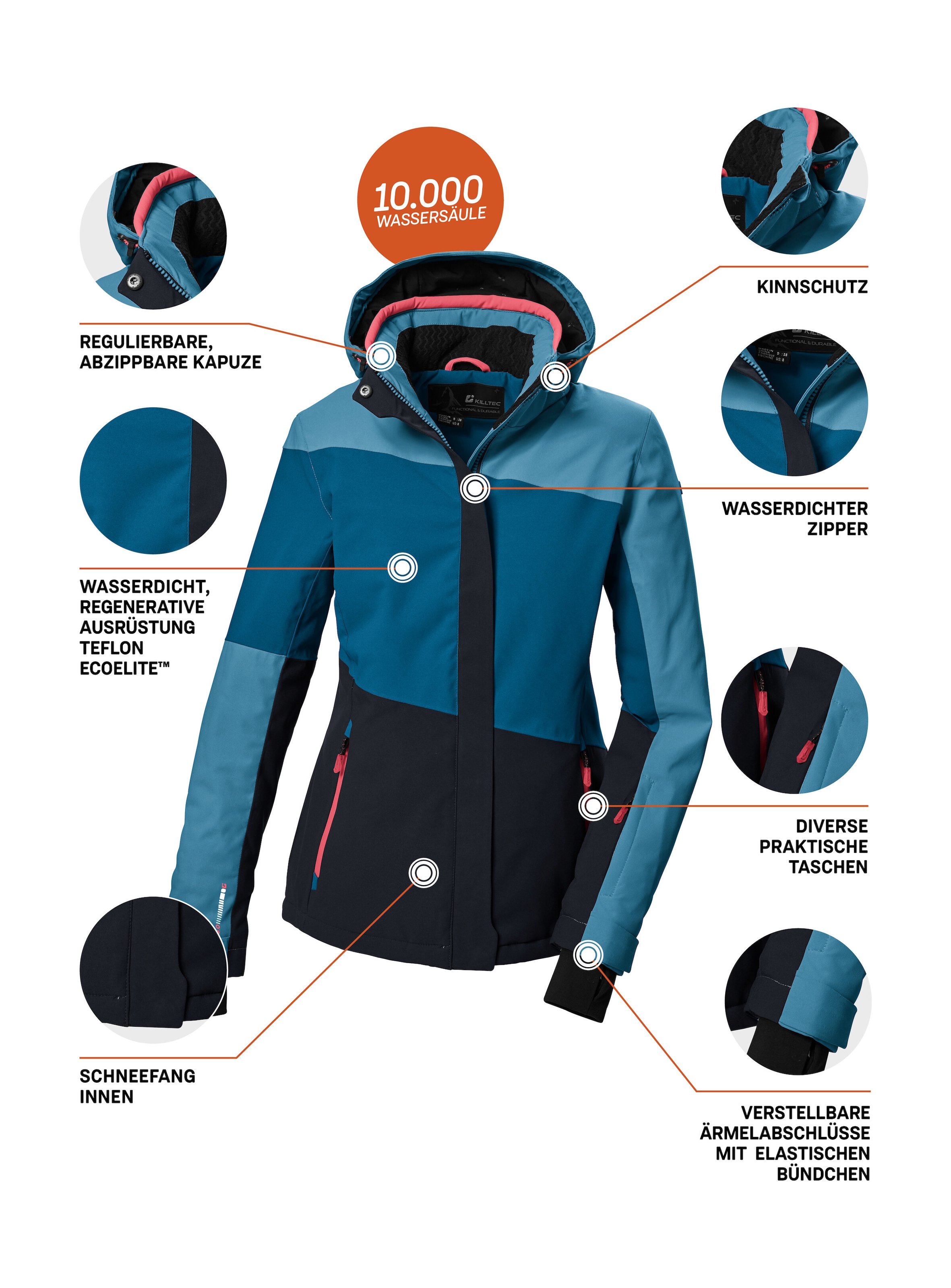 Killtec Veste de ski »KSW 67 WMN SKI JCKT« Damen Skijacke: wasserdicht, atmungsaktiv, abnehmbare Kapuze