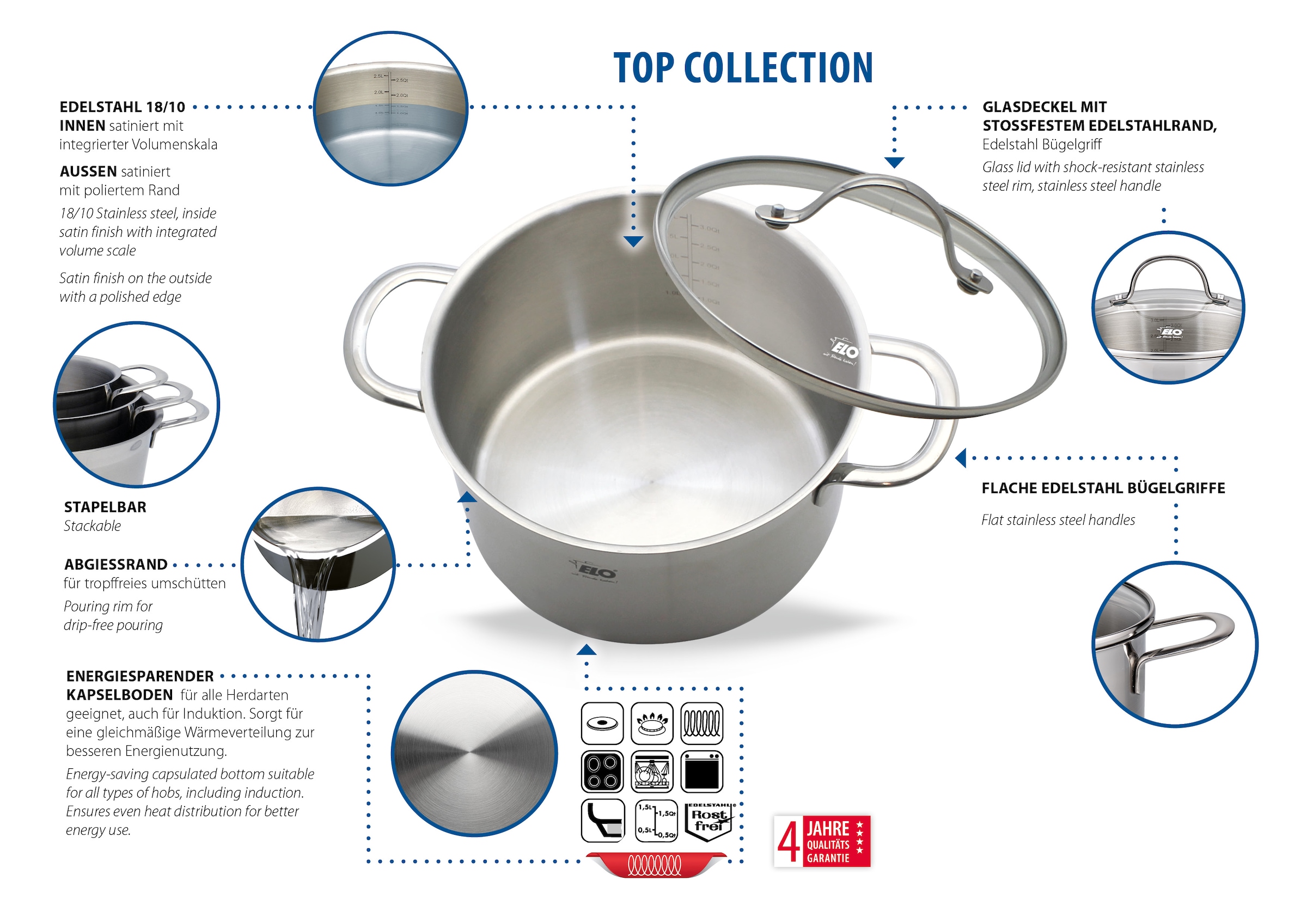 Elo Set de casseroles »Top Collection« Ensemble, 1 casserole à viande 16/20/24 cm, casserole à rôtir 20 cm, sauteuse 16 cm, 9 cuis tlg. Acier inoxydable 18/10
