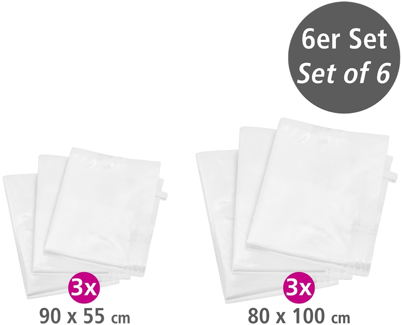 WENKO Vakuumierbeutel »Reise-Set«, (Set, 6 tlg.), Vakuumbeutel für Kleidung zur platzsparenden Aufbewahrung, 2 Grössen