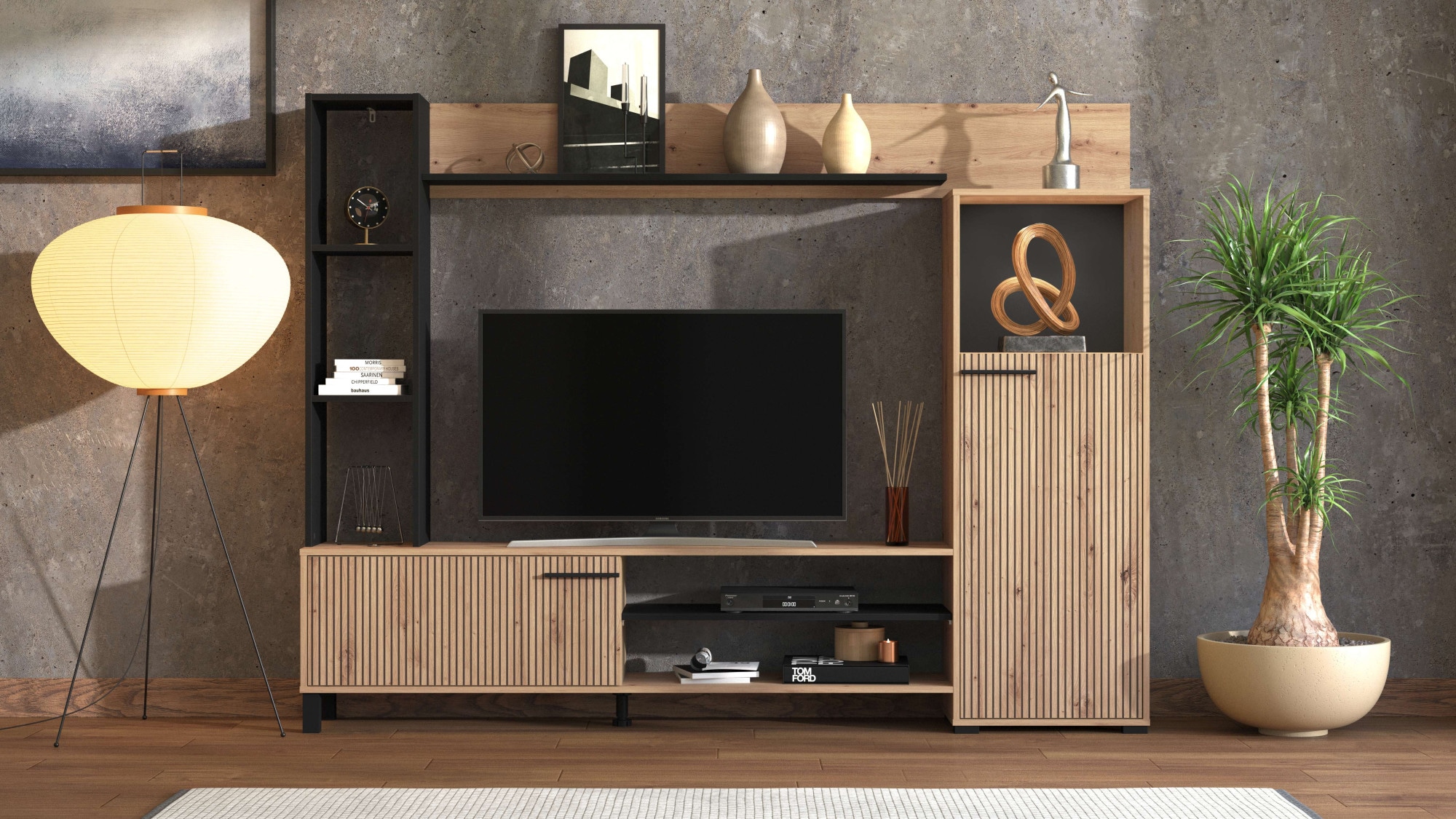 INOSIGN Wohnwand »Retimno, inkl. Highboard, TV-Board, Standregal und Wandregal«, (Komplett-Set, 4 St.), 208 cm, Trendfarben, mit dekorativen schwarzen Streifen, TV bis 58'