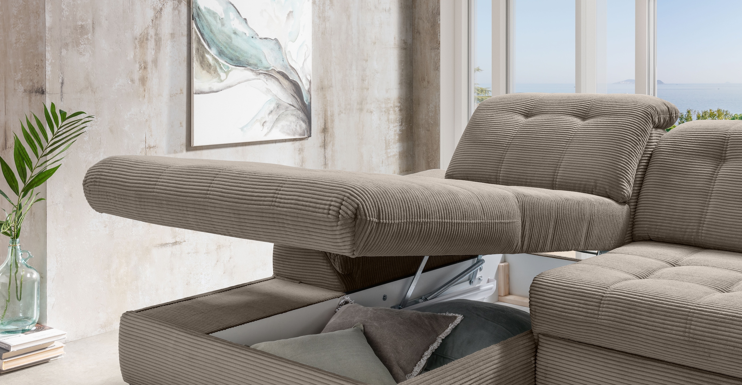 Home affaire Canapé d'angle »Lazio modern & bequem,  Breite 358cm, U-Form, tolle Detailverarbeitung« inkl. Bettkasten, Bettfunktion, Kopfteil-, Sitztiefenverstellung