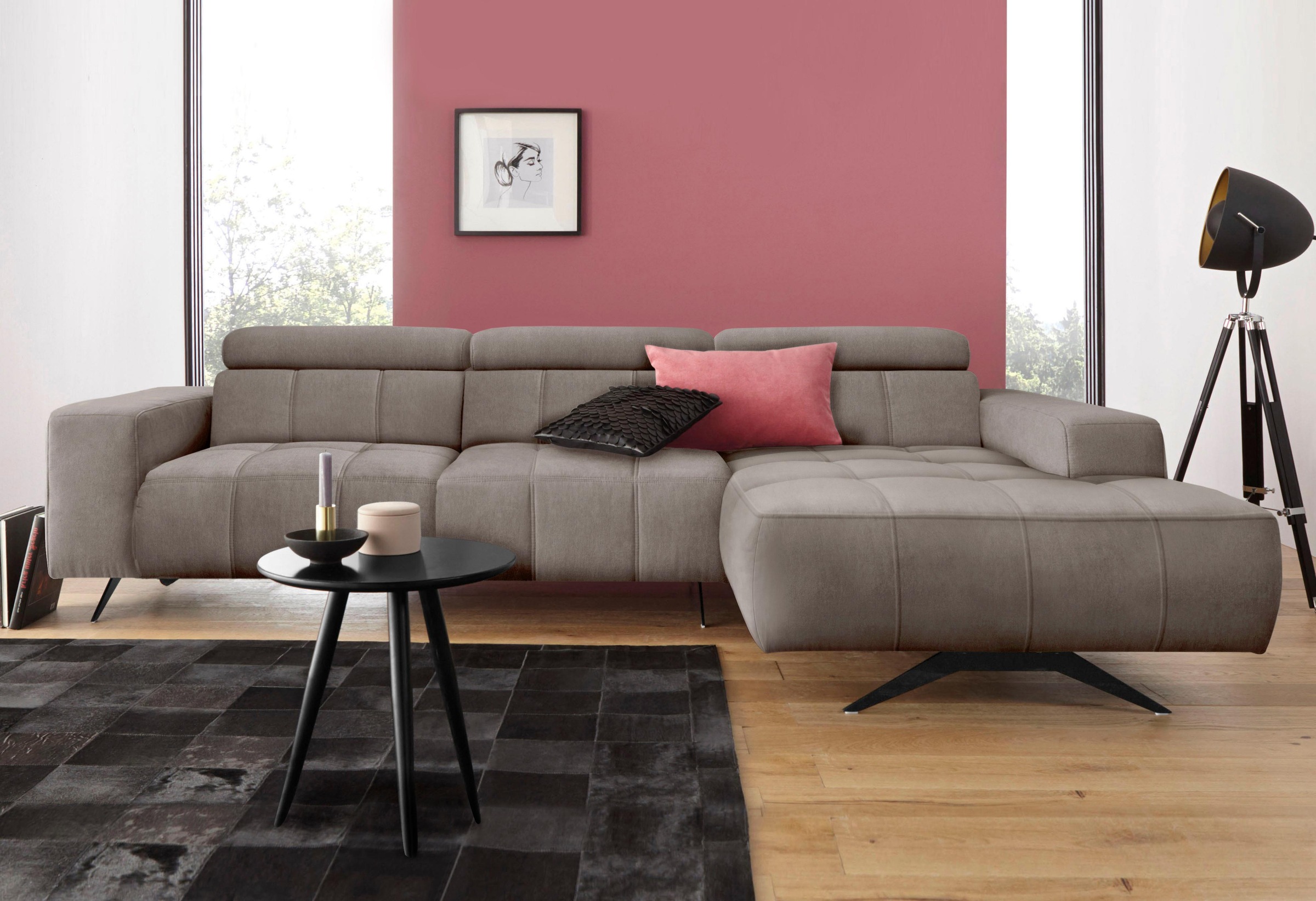 DOMO collection Ecksofa »Trento L-Form, mit Kufenfuss oder Einzelfuss«, wahlweise mit Kopfteilverstellung, Recamiere links/rechts bestellbar
