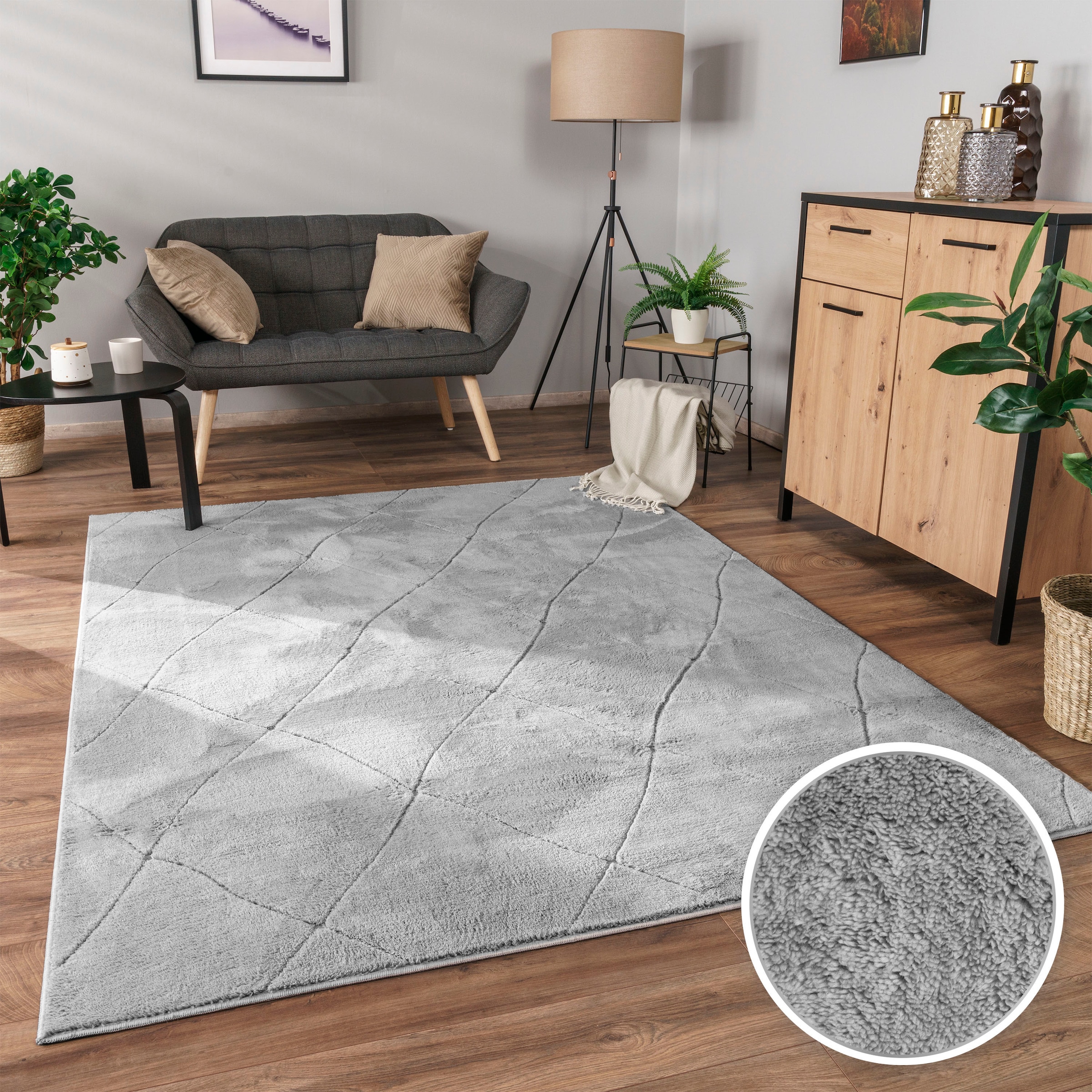 Image of Paco Home Teppich "Utrecht 641" rechteckig 4 mm Höhe Kurzflor, Uni Farben, 3D-Design, Rauten Muster, besonders weich