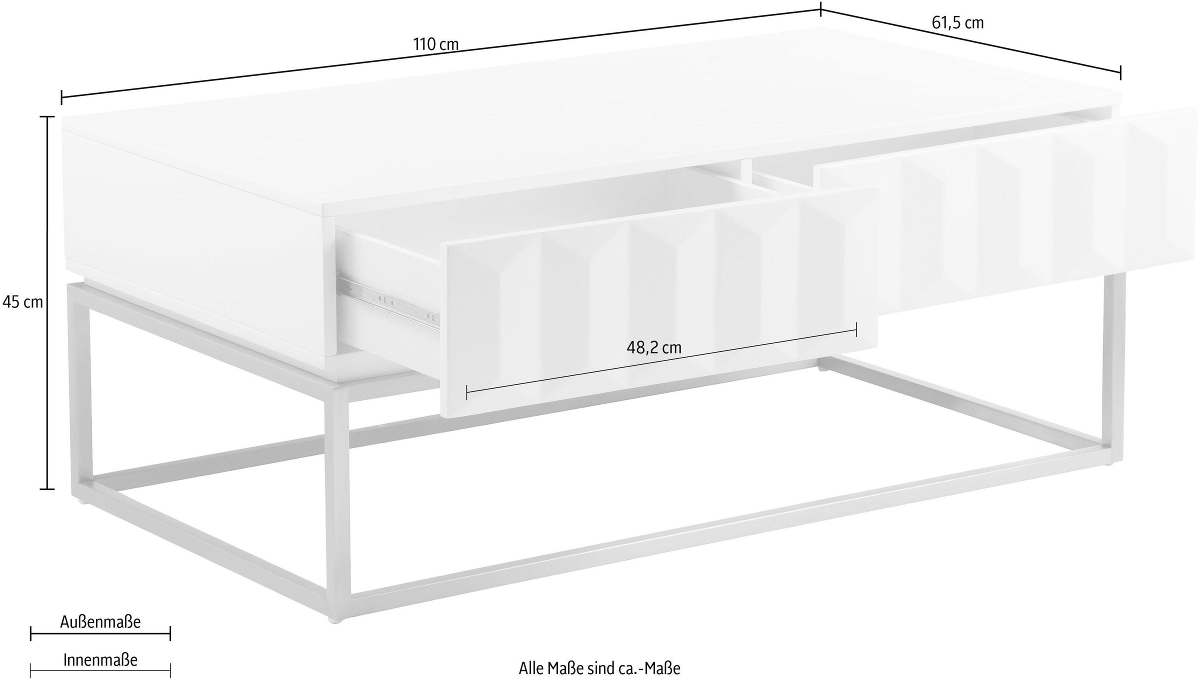 Leonique Couchtisch »Alais«, in 3D-Optik, mit zwei Schubladen und goldfarbenem Metallgestell