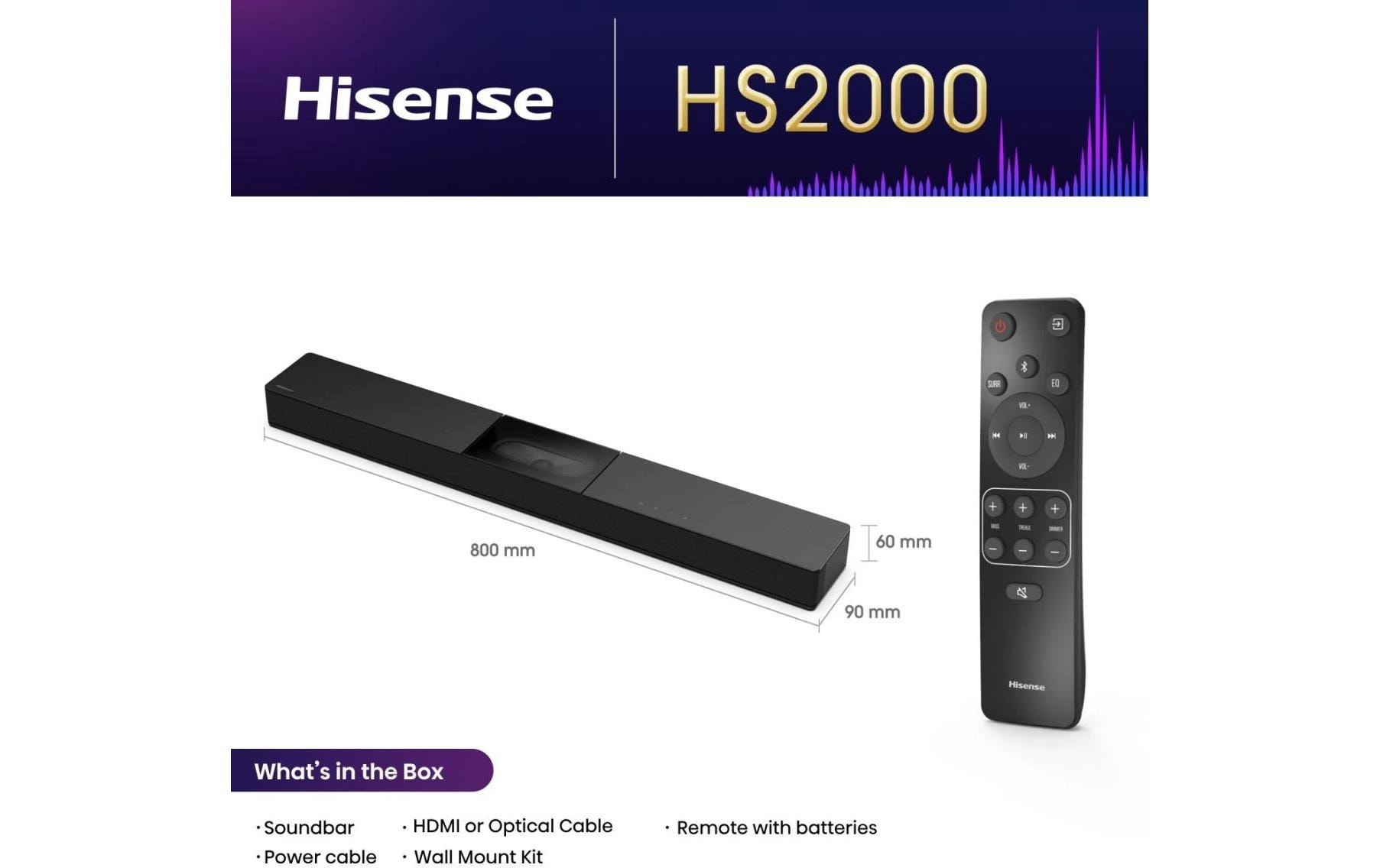 Hisense Soundbar »HS2000 2.1 Kanal Soundbar mit integriertem Subwoofer« 2.1 ( Bass- und Lautstärkeregelung | Equalizer 240 W)