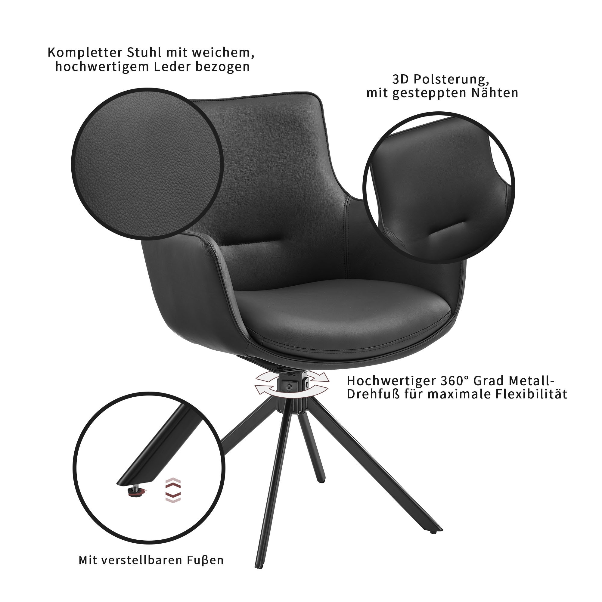 GOODproduct Drehstuhl (Set) 2 Stk.Naturleder Bezug, 360° drehbares Gestell aus Eisen