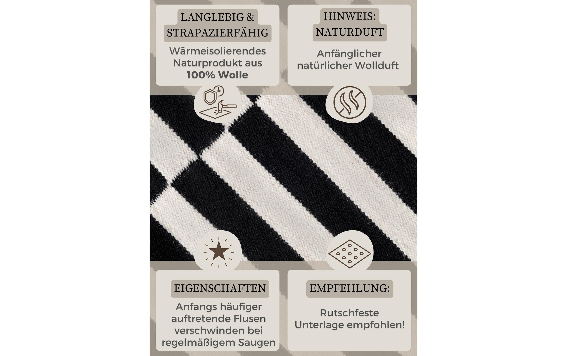 HANSE Home Teppich »Vika , schwarz-weiss« rechteckig 5 mm Höhe Handgewebt, Wolle, Natur, Läufer, Wohnzimmer, Schlafzimmer, Streifen