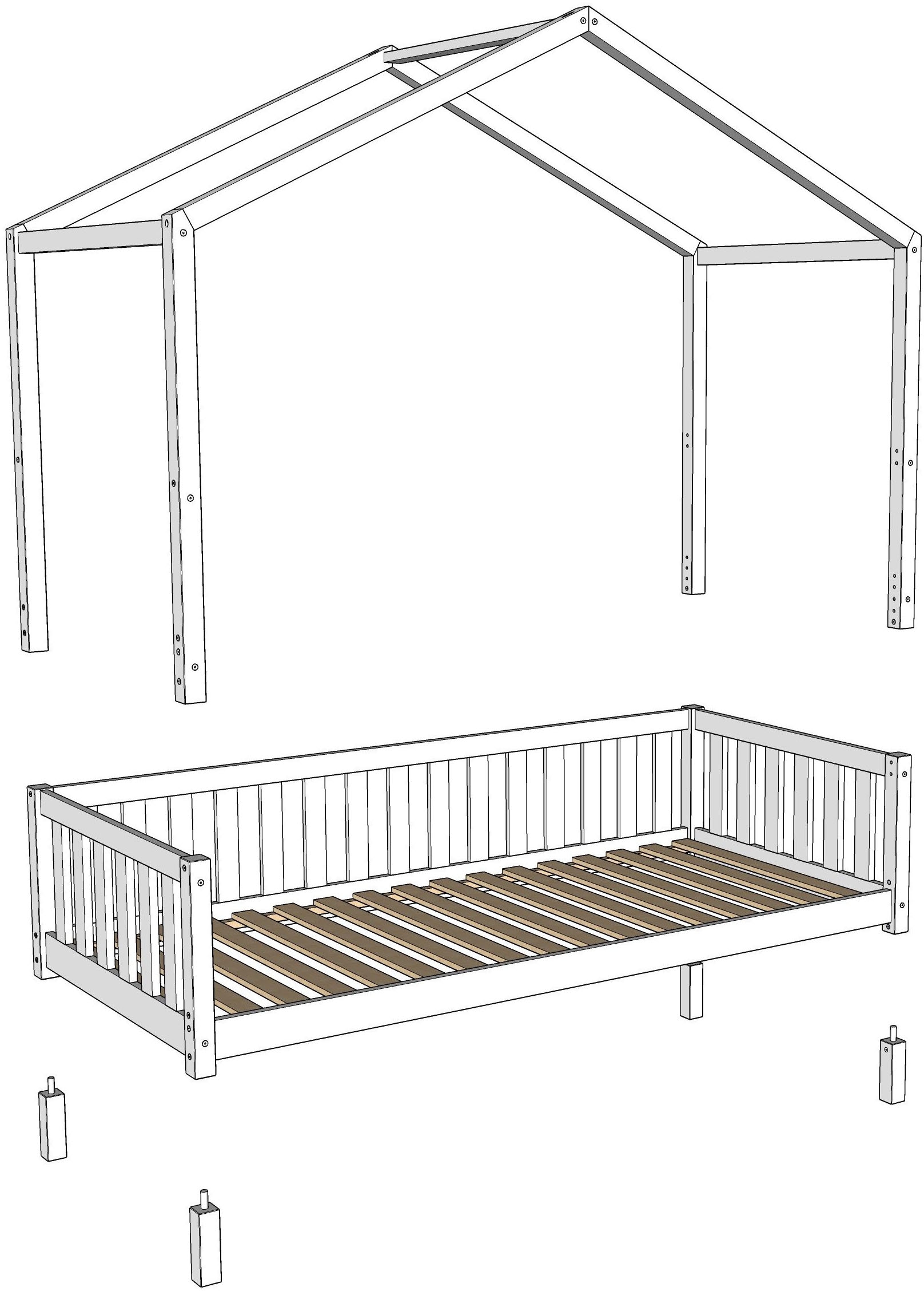 Vipack Hausbett »Dallas, Massivholzbett mit Dachaufbau umbaubar vom Boden- zum Daybett« inkl. Lattenrost, Rausfallschutz, Sprossen, 90 oder 140x200 cm breit,  stabil und standfest gebaut, wahlweise Kiefer massiv natur oder weiss