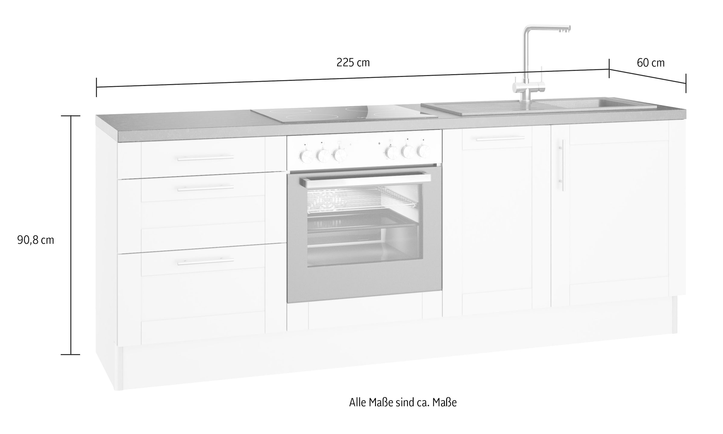 OPTIFIT Küchenzeile »Ahus«, 225 cm breit,wahlweise mit E-Geräten,Soft Close Funktion, MDF Fronten