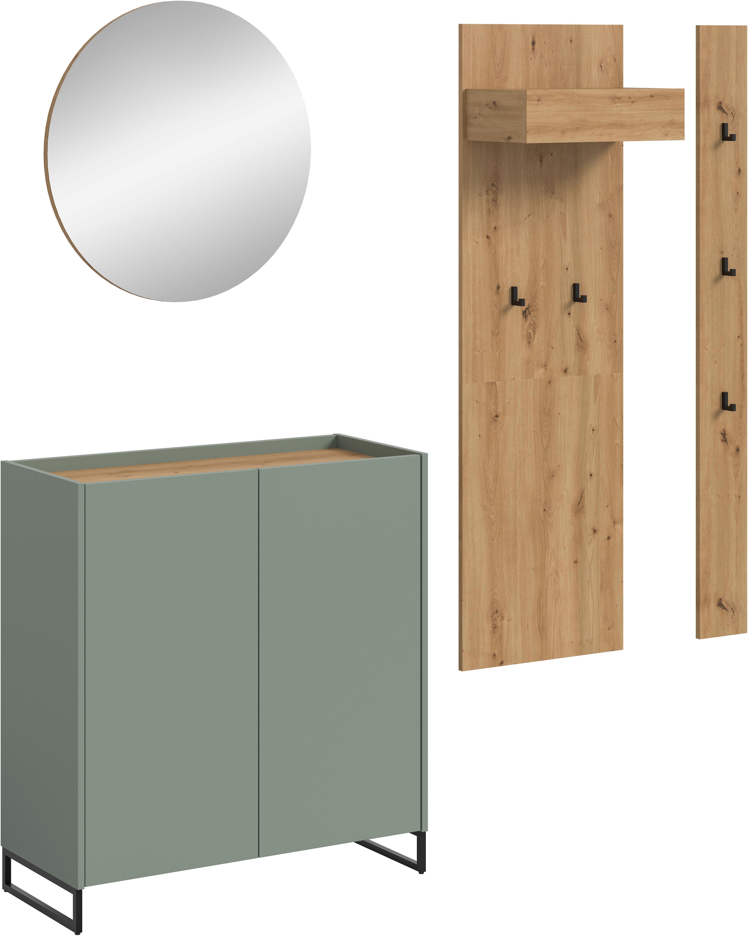 Image of Home affaire Garderoben-Set "EVRID, 4-teilig, Breite 206 cm, individuell stellbar & erweiterbar" best. aus: Kommode, Spiegel, Garderobenpaneel & Hakenleiste, 4 Stk. tlg.