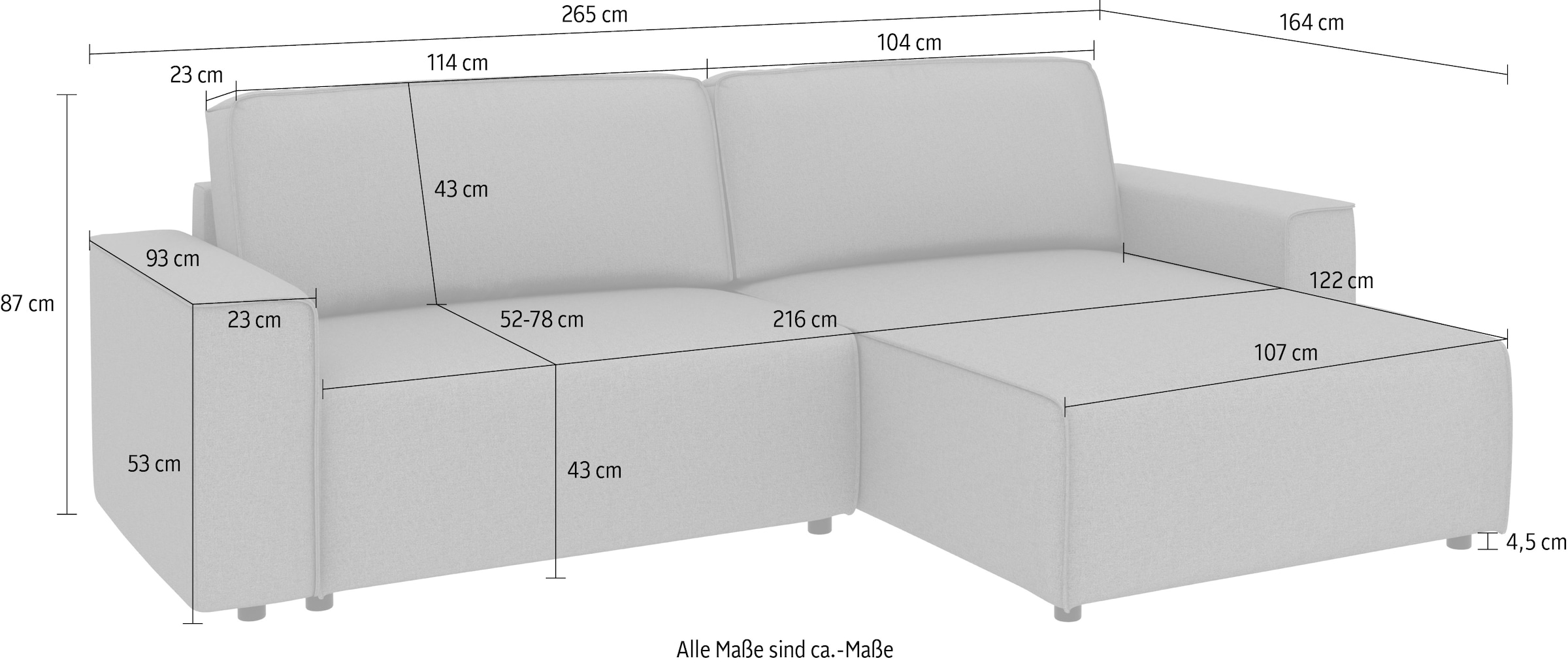 Home affaire Ecksofa »Chance, Recamiere beidseitig montierbar, Schlaffunktion, Breite 265 cm« in Struktur fein LINO, mit Schlaffunktion und Bettkasten
