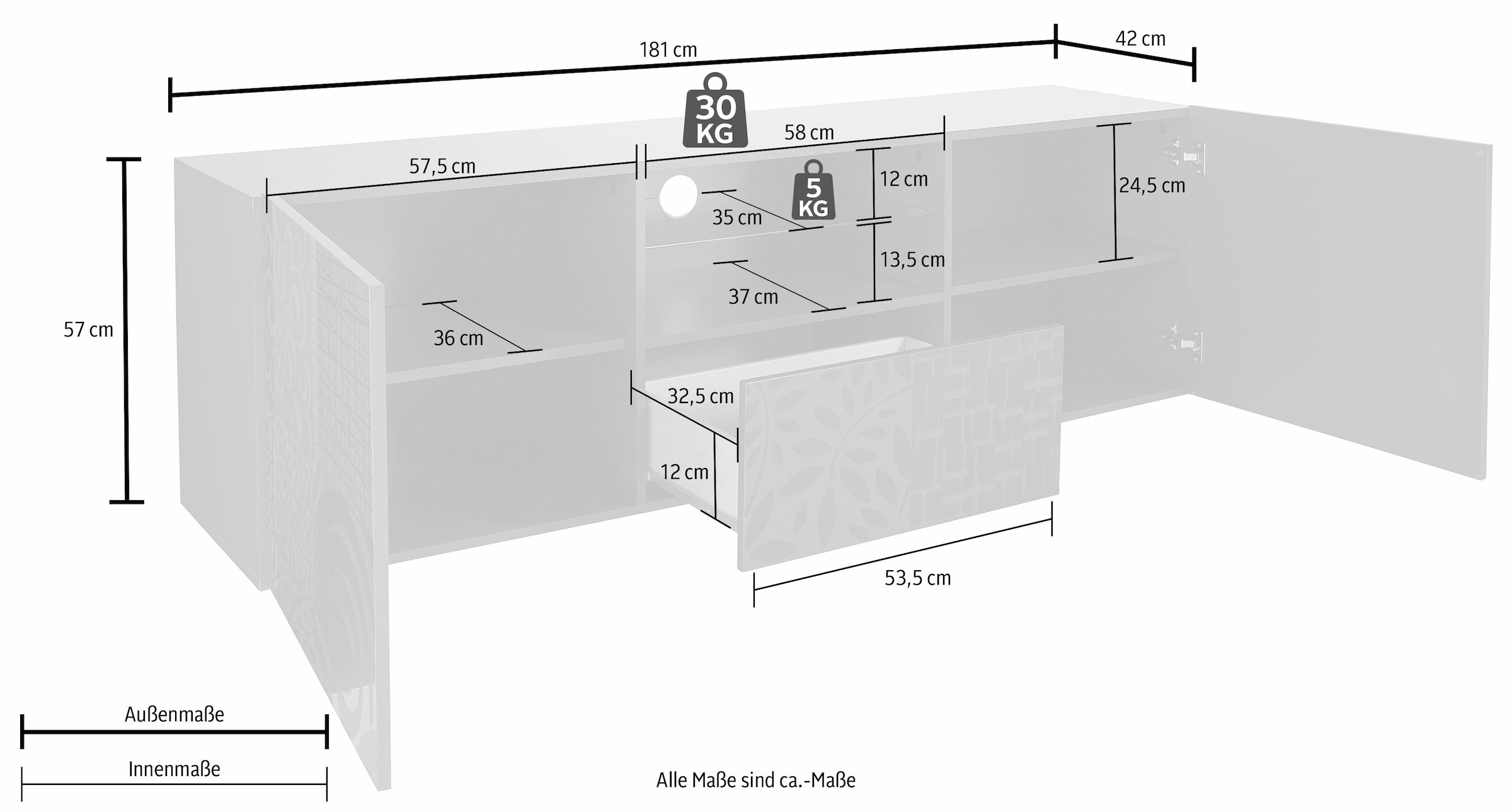 INOSIGN Lowboard »Miro«, Breite 181 cm mit dekorativem Siebdruck