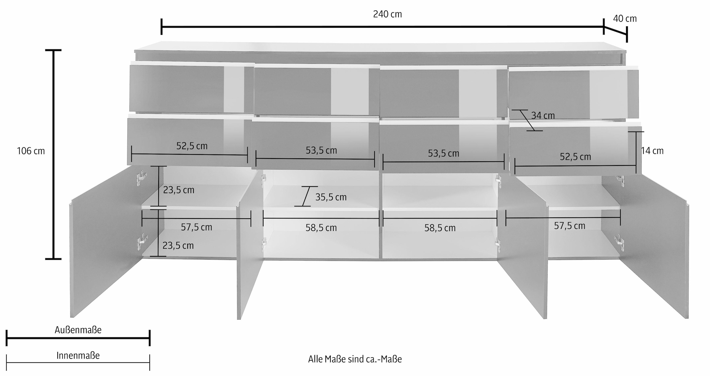 INOSIGN Highboard »Magic, Highboard, Hochschrank, Hochkommode«, mit 4 Türen und 8 Schubkästen, Hochglanz lackiert, Breite 240