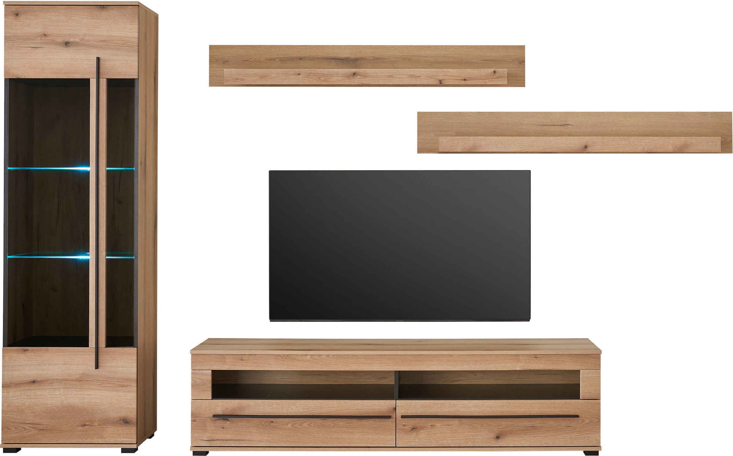 INOSIGN Wohnwand »Cantara, moderne Anbauwand, Wohnzimmer-Set, in Eiche Evoke oder Weiss«, (Set), enthält eine Vitrine, ein Lowboard und zwei Wandboards
