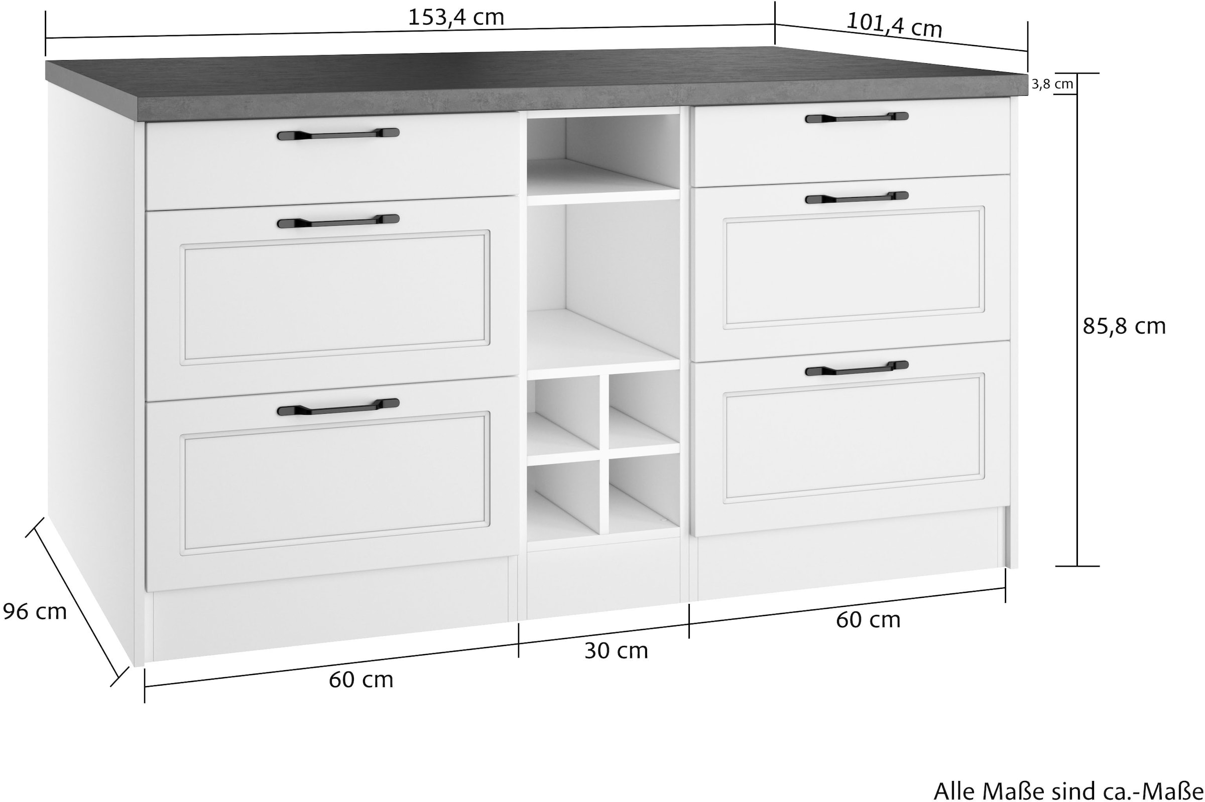 KOCHSTATION Kücheninsel »KS-Lani, Breite 153 cm, mit Flaschenregal« MDF-Fronten, Arbeitsplatte 38mm stark
