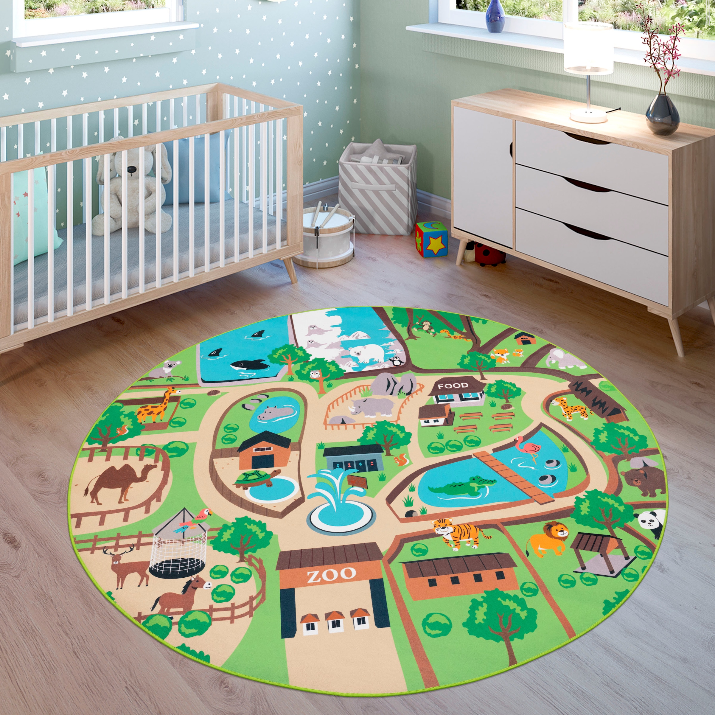 Image of Paco Home Kinderteppich "Bino 563" rund 4 mm Höhe Kurzflor, Strassen-Spiel-Teppich, Motiv Zoo, Kinderzimmer