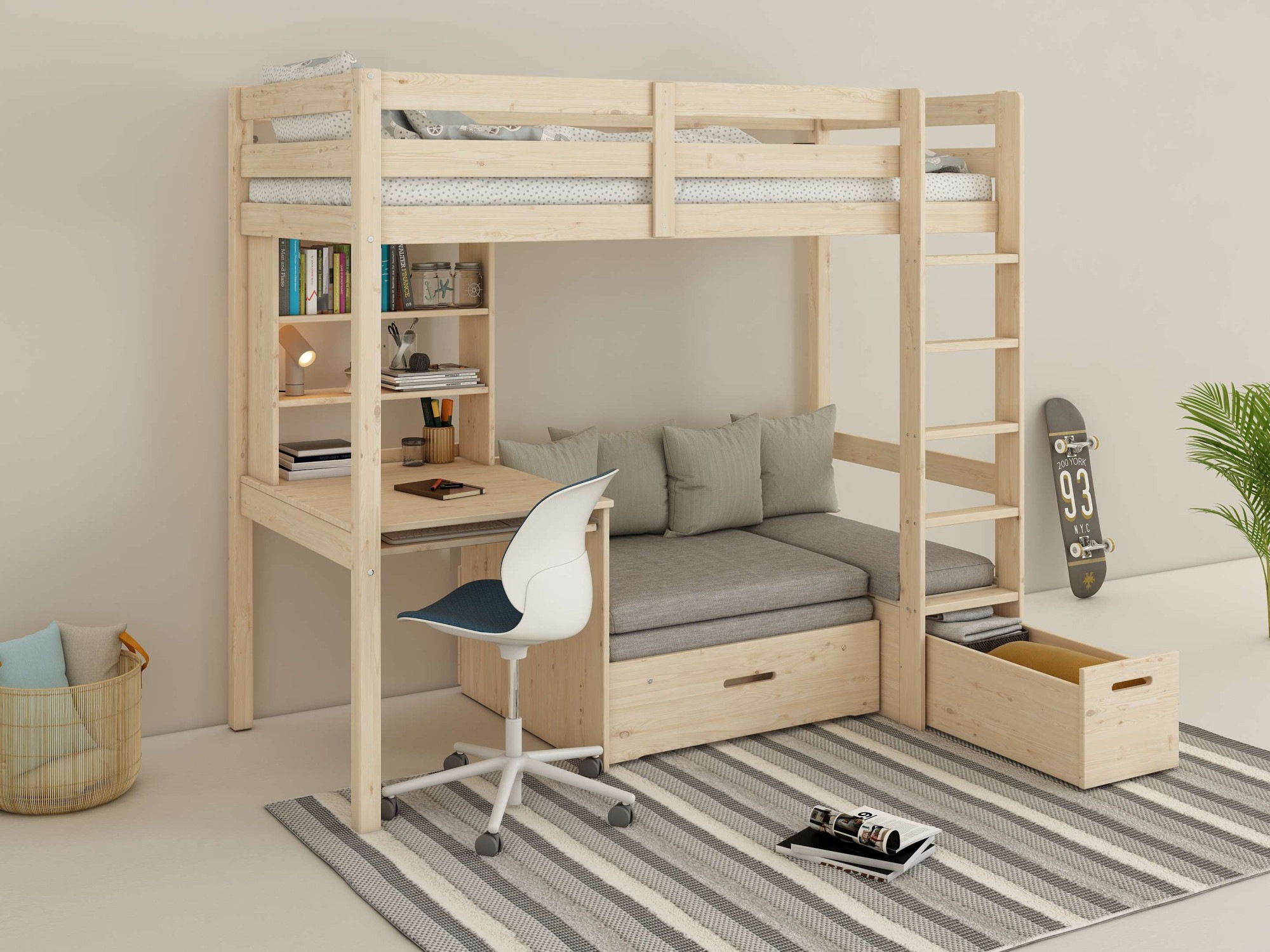 Lüttenhütt Etagenbett »HENNE' TOPSELLER! Hochbett, Ideal für kleine Räume, 2 Schlafplätze«, (zweiter Schlafplatz ausziehbar, B/H/T ca. 208/180/105cm), mit Polsterauflagen+ Schreibtisch + Stauraum, mehrere Farben