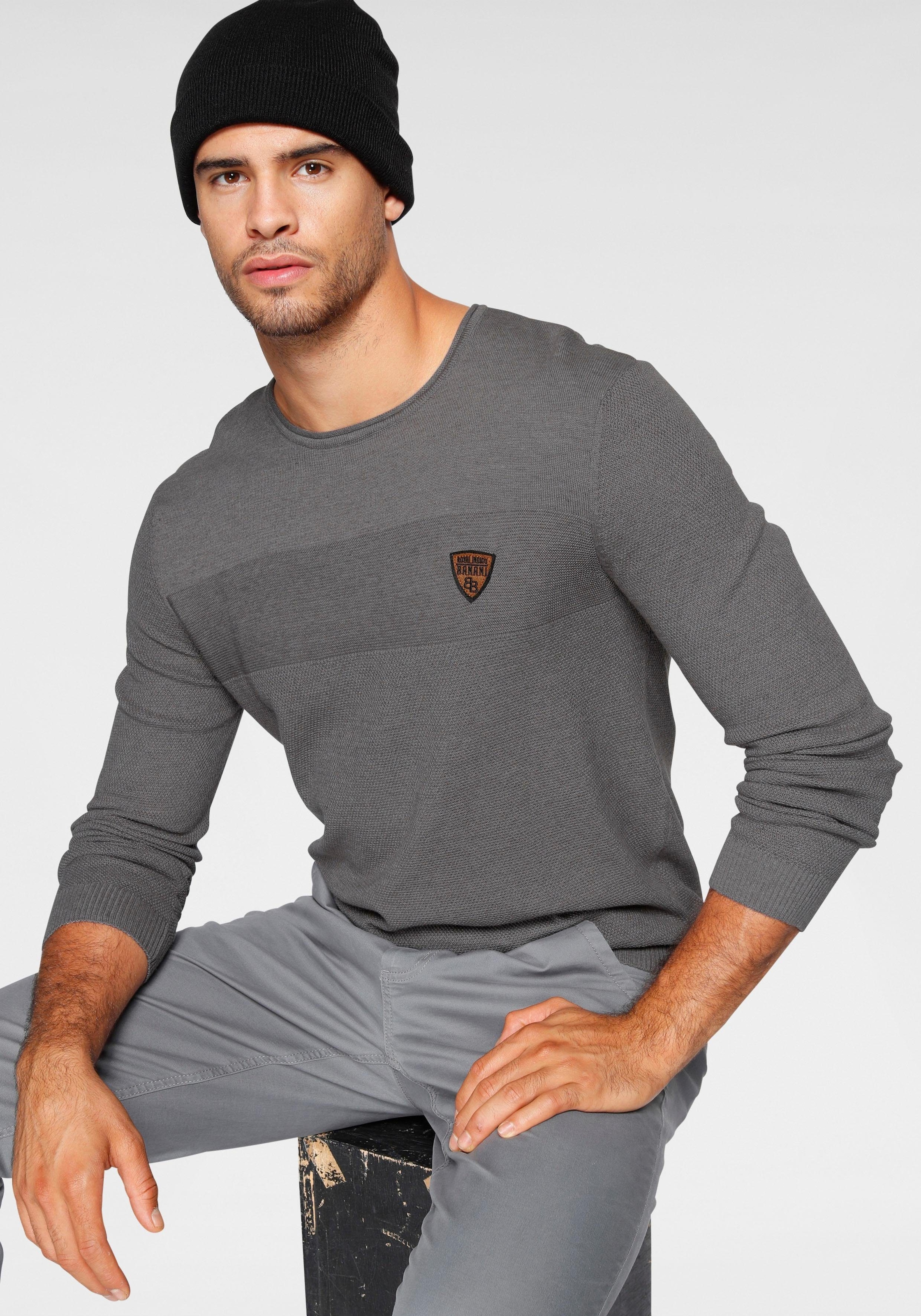 Image of Bruno Banani Rundhalspullover aus Feinstrick, mit Badge und Markenlabel, schmale Passform