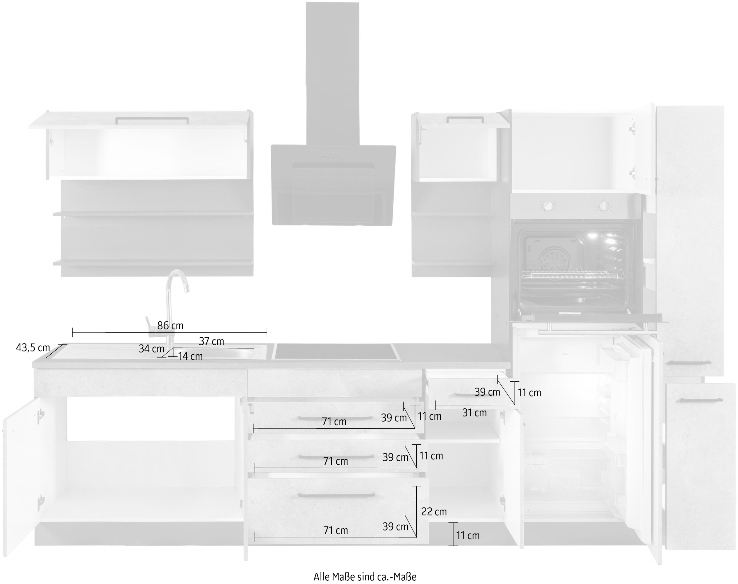 KOCHSTATION Kitchenette »KS-Tulsa« sans appareils électriques, largeur 290 cm, poignées métalliques noires, façades MDF