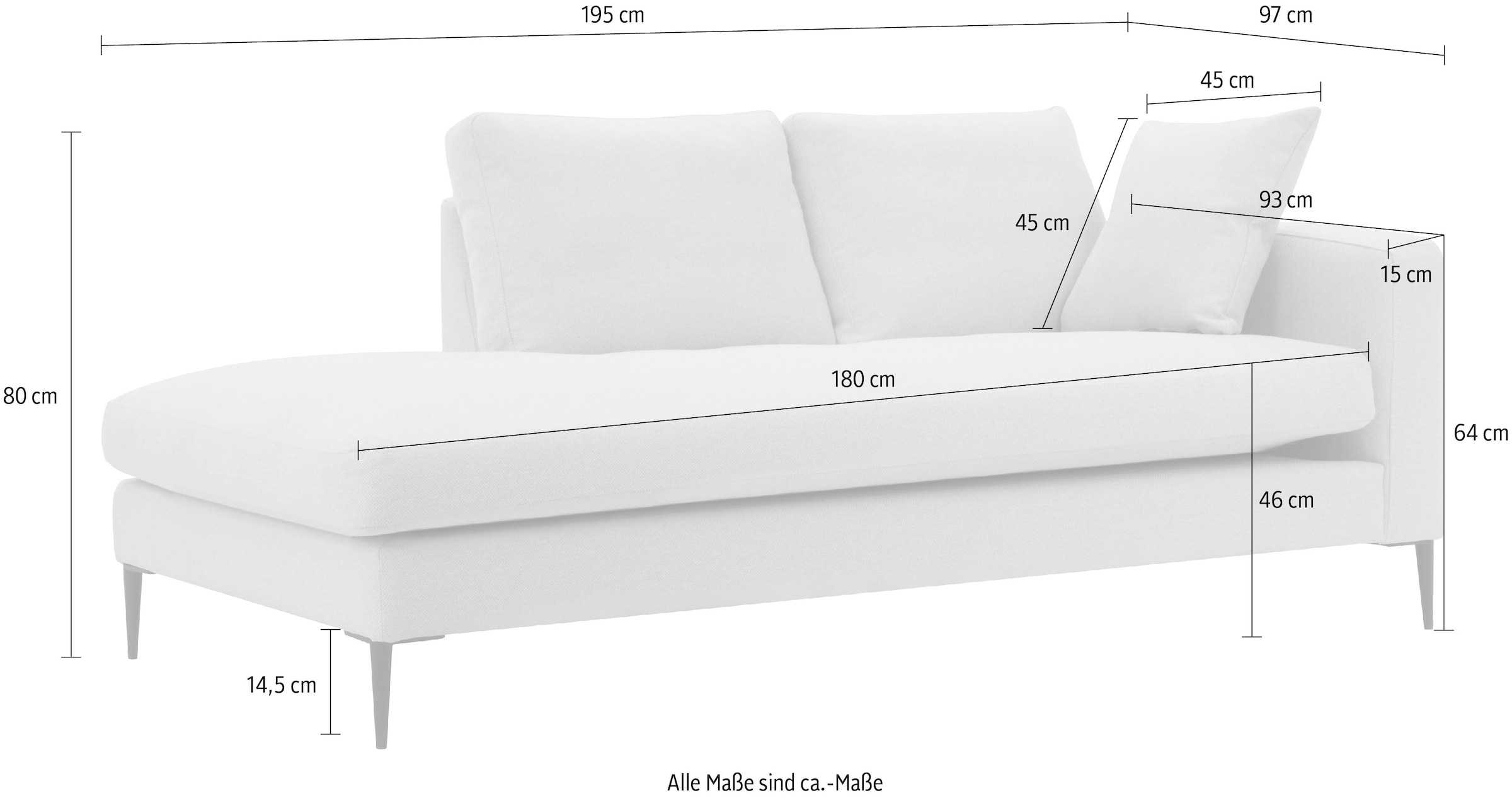 Leonique Recamiere »Cozy Chaiselongue, Masse B/T/H: 195/97/80 cm«, mit losen Kissen und Metallbeinen, Armlehne links oder rechts wählbar