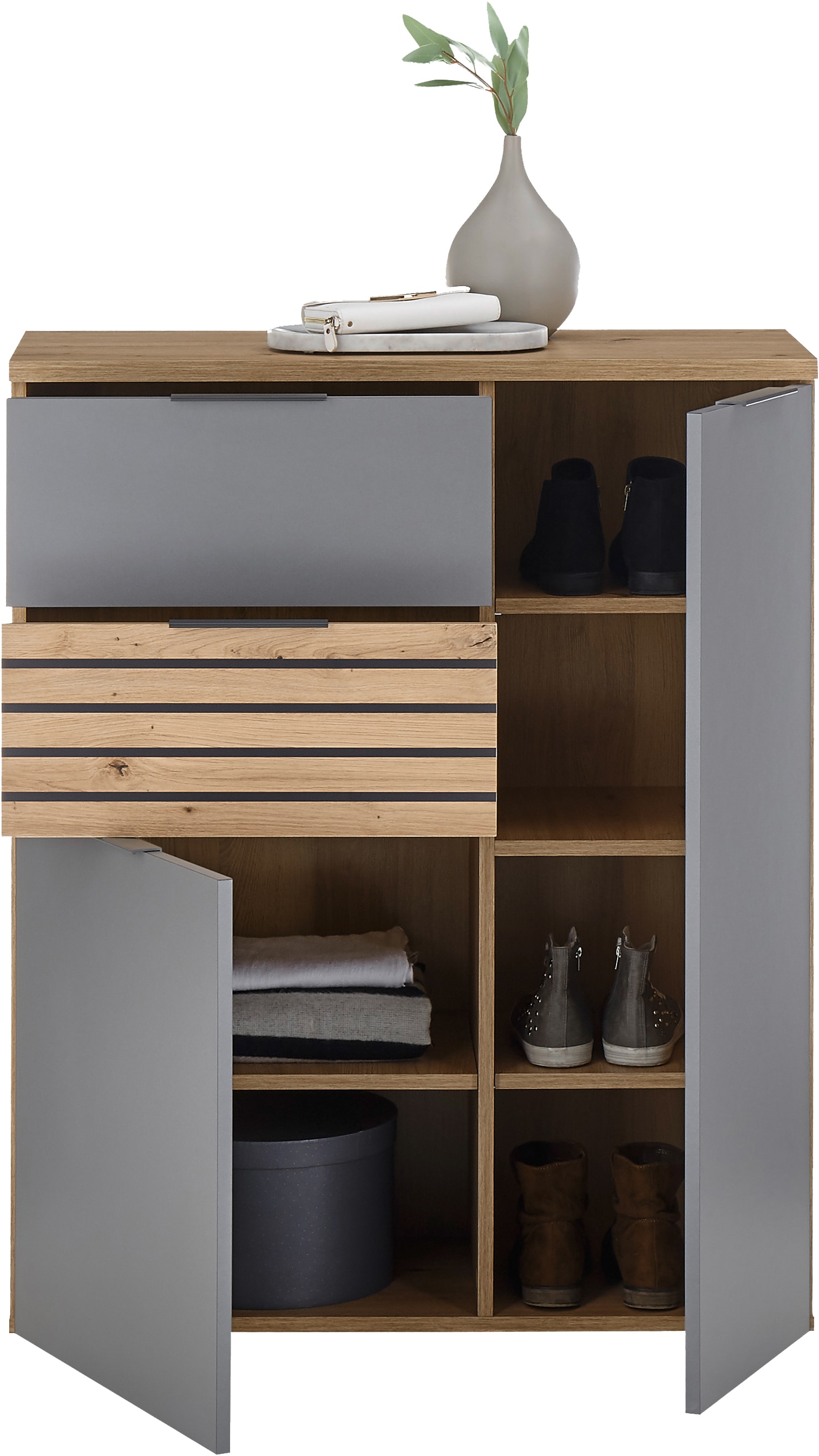 HBZ Garderoben-Set »5-tlg. Eiche Stripes Optik Flurgarderobe Stellmass BxHxT 260x197x38 cm«, (5 St.), Mit Schuhkommode, Hochschrank, Bank, Paneel, Spiegel