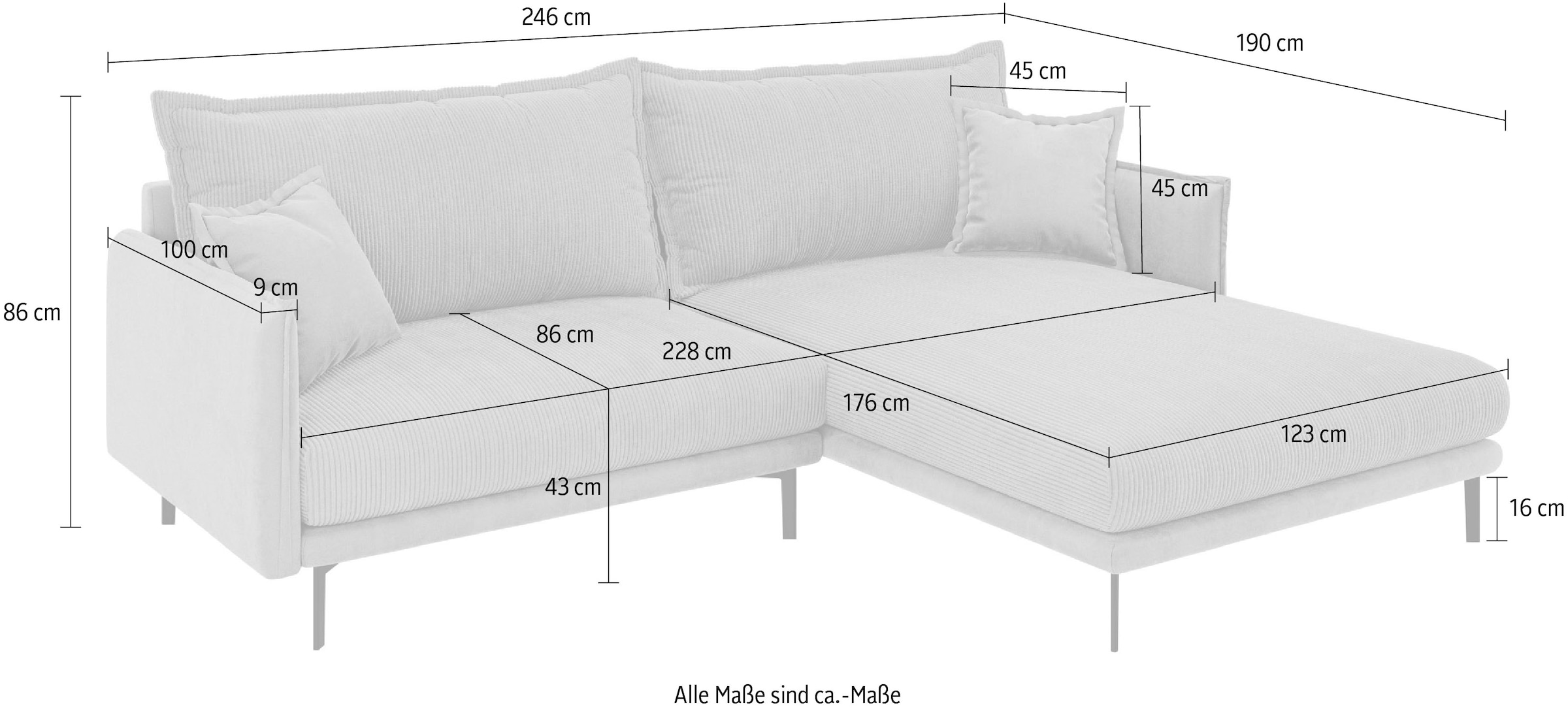 INOSIGN Ecksofa »ALEXANDRIA mit Recamiere rechts oder links bestellbar, moderne Bezüge«, L-Form mit Wellenunterfederung, Masse: B/H/T 246/86/190 cm