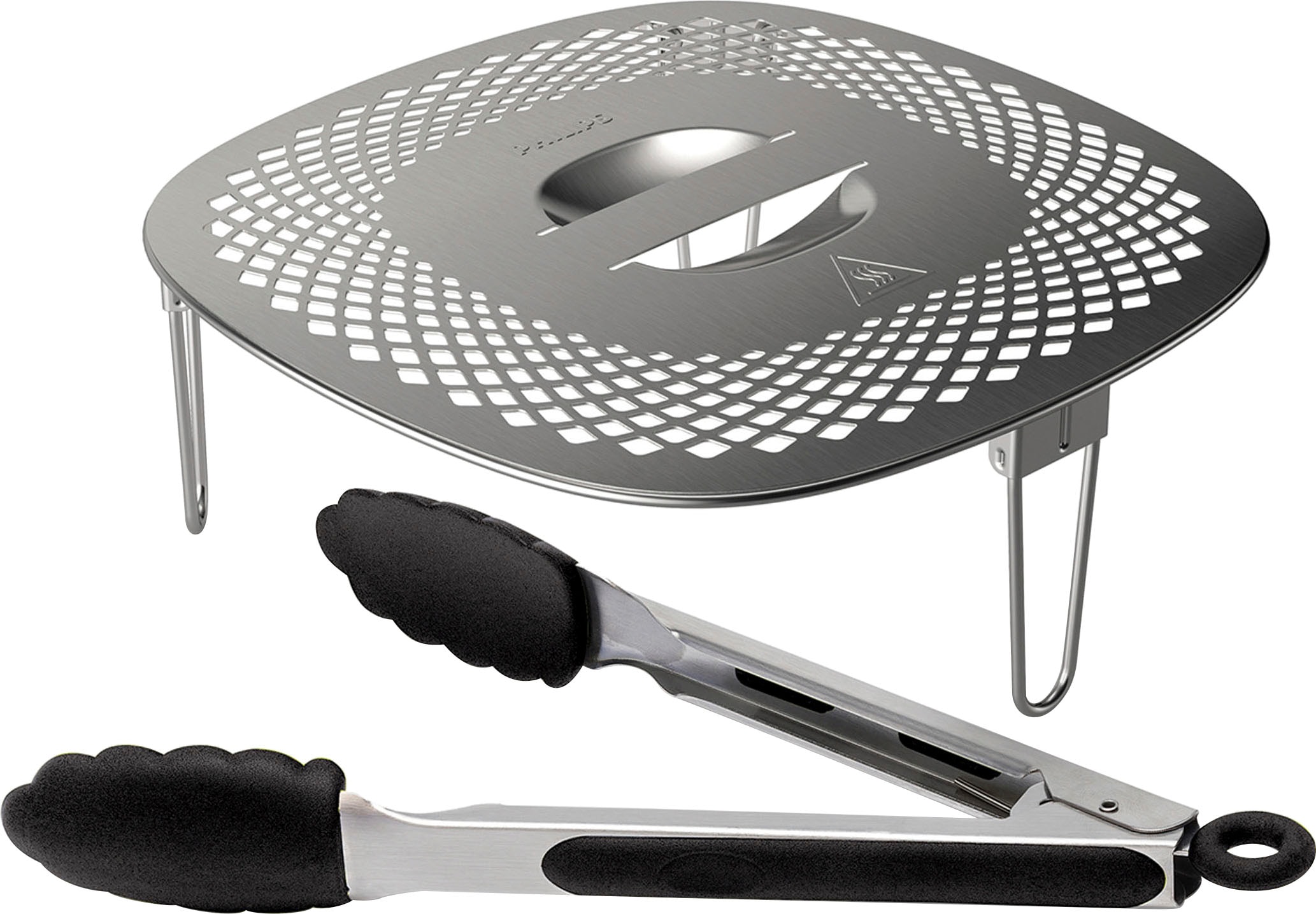 Image of Philips Grillpfanneneinsatz "HD9954/01 Snack Profi-Kit" Edelstahl Silikon 3 Stk. tlg. Snackdeckel+ Zange für Airfryer XXL HD96XX, HD97XX, HD98XX