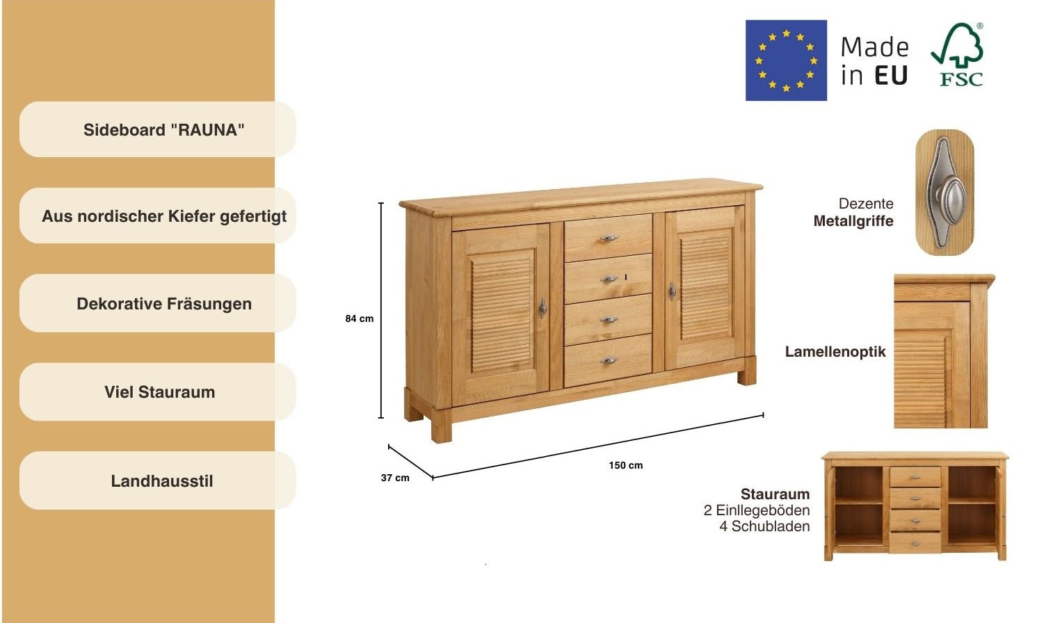 Home affaire Sideboard »Rauna«, Kommode, B/T/H: 150/37/84 cm