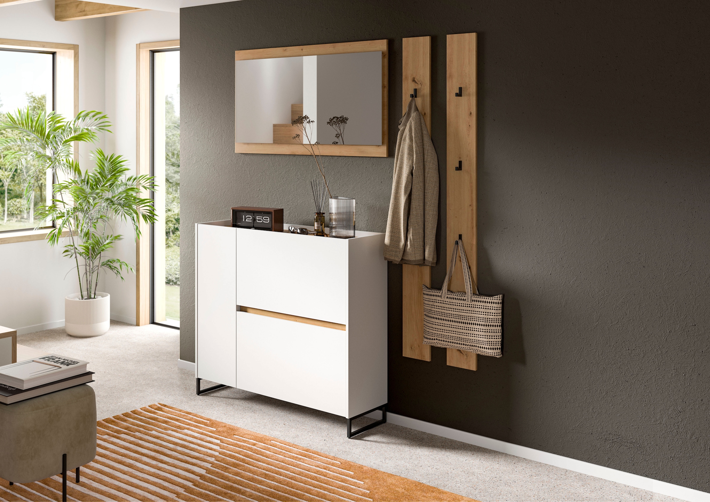 Home affaire Garderoben-Set »EVRID, 4-teilig, Breite 172 cm, individuell stellbar & erweiterbar« best. aus: Kommode, Spiegel & 2x Hakenleiste, 4 Stk. tlg.