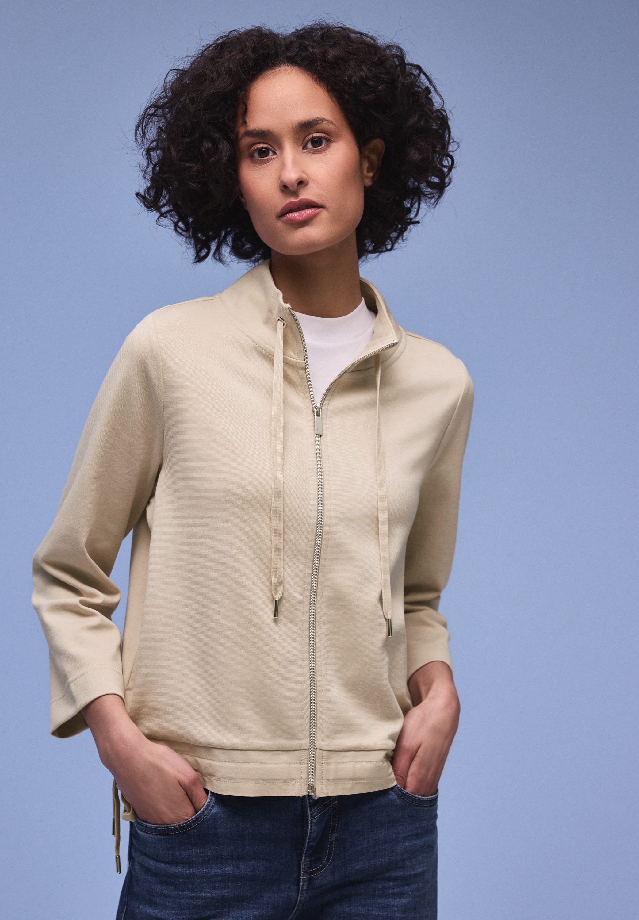 Image of STREET ONE Sweatjacke 3/4-Arm mit Stehkragen und Kordelzügen