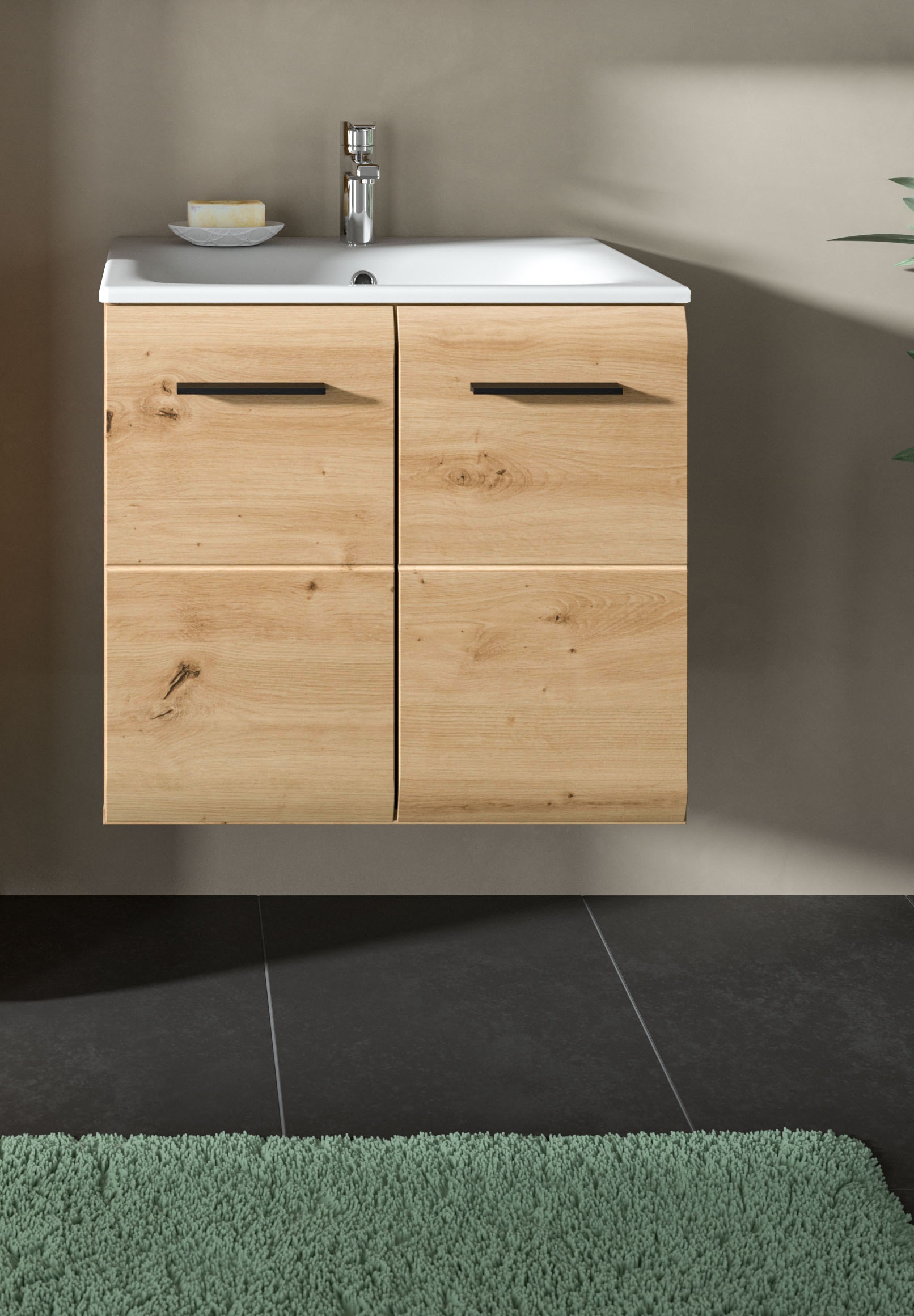 welltime Waschbeckenunterschrank "FLORENZ, Breite 60 cm, inkl. Waschbecken, hängende Montage" TOPSELLER, 2 Stk. tlg. hochwertige MDF Front, Griff schwarz, Badschrank, Bad