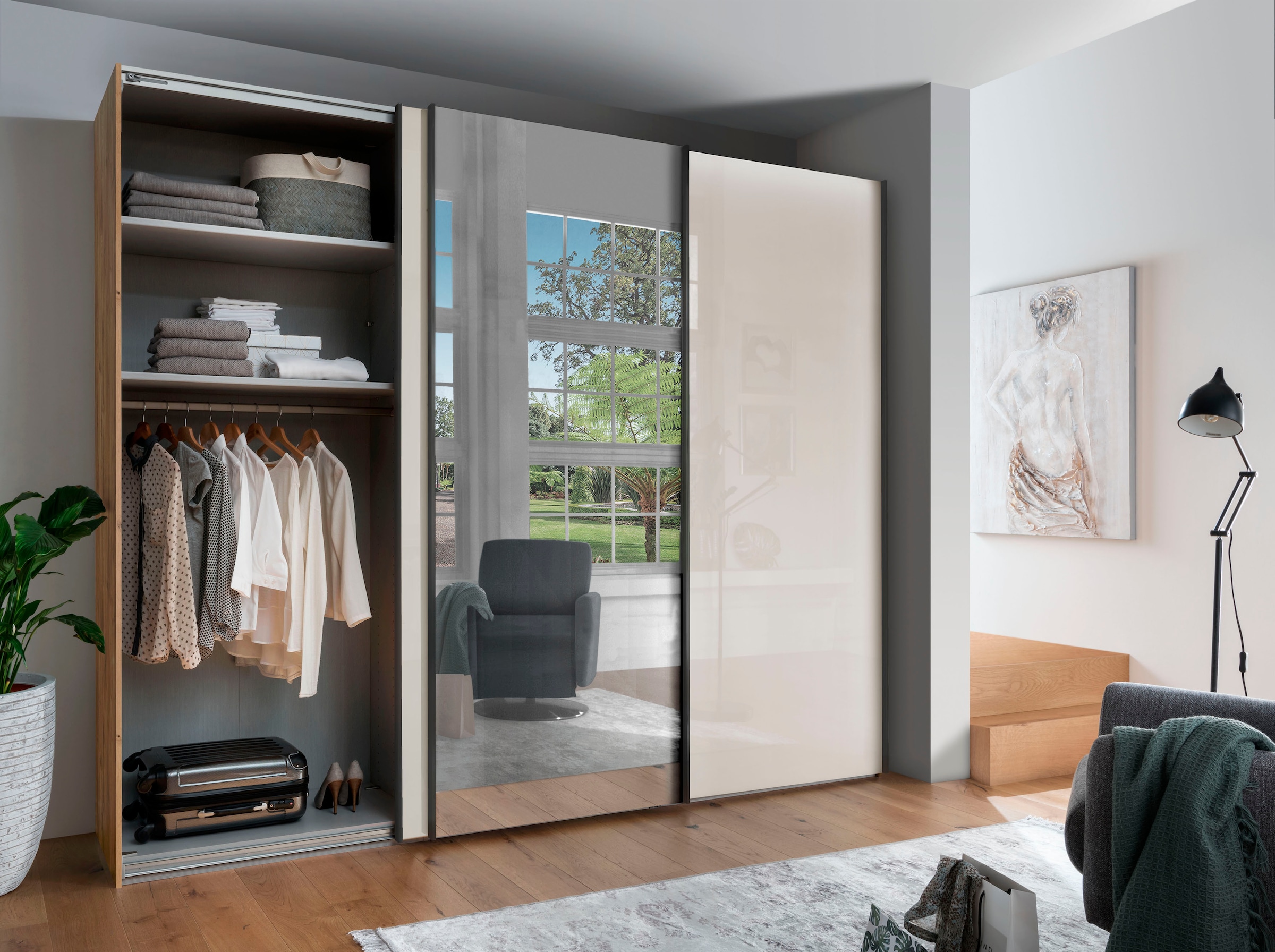 WIEMANN Schwebetürenschrank »Monaco, Kleiderschrank, Schrank, Wäscheschrank, mit Schiebetüren« 2 Breiten, 2 Höhen 216/236 cm auswählbar, MADE IN GERMANY,  hochwertige Glas- und Spiegelfront, variable Inneneinteilung