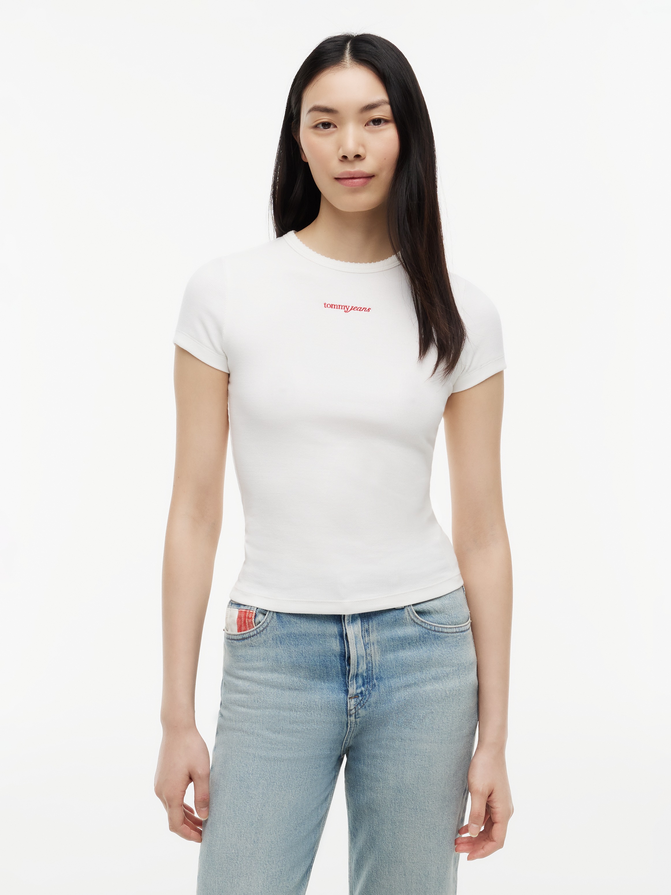 Image of Tommy Jeans Kurzarmshirt "TJW SLIM SCRIPT RIB SS TEE" Baumwollmischung, slim fit, in gerippter Struktur