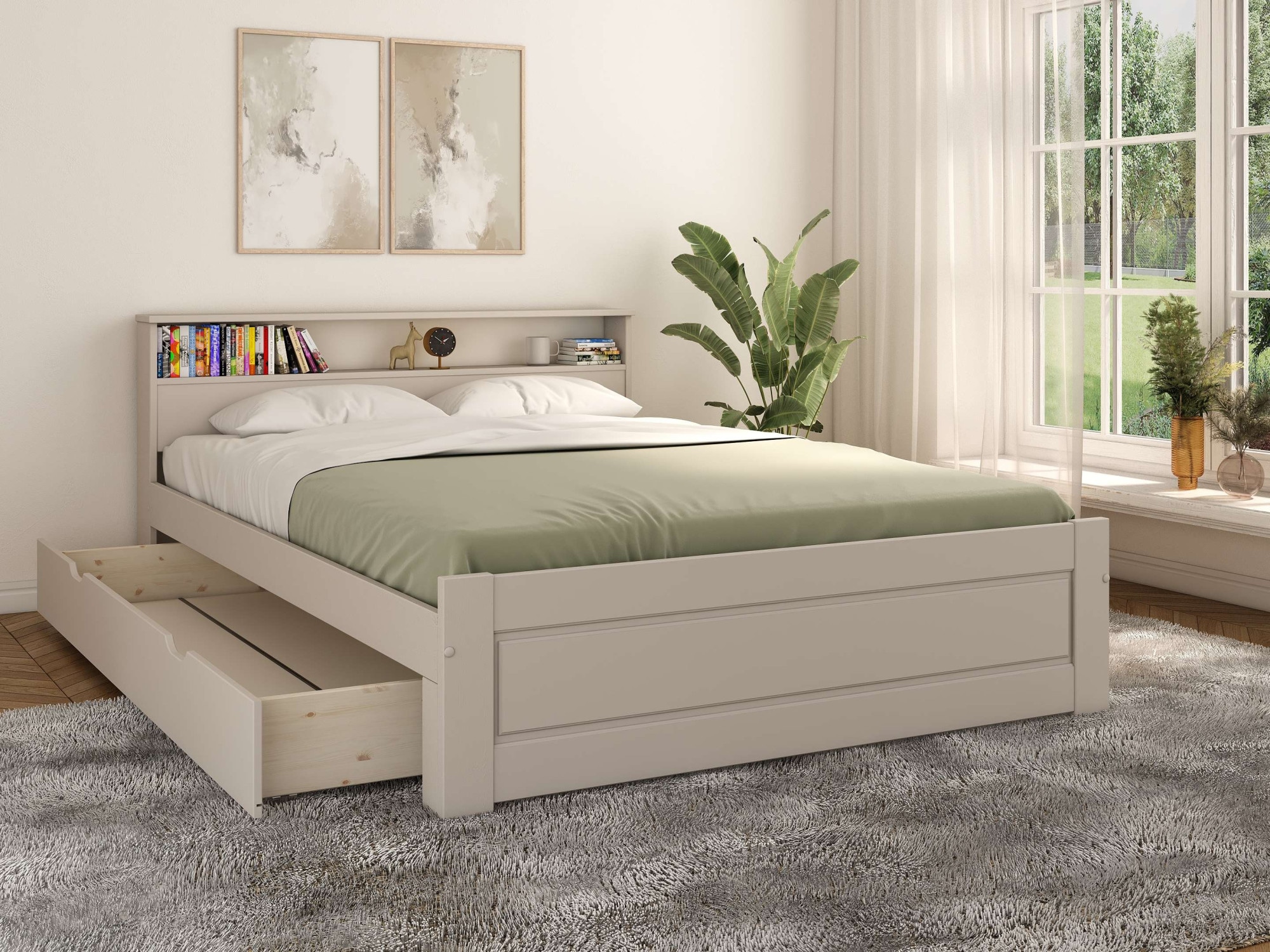 GOODproduct Lit en bois massif »FLAVION, TOPSELLER! Jugendbett, FSC® zertifizierte massive Kiefer« Breite: 90, 140, 180,  Qualitätsprodukt, Regal, Kassettenoptik, Schublade optional
