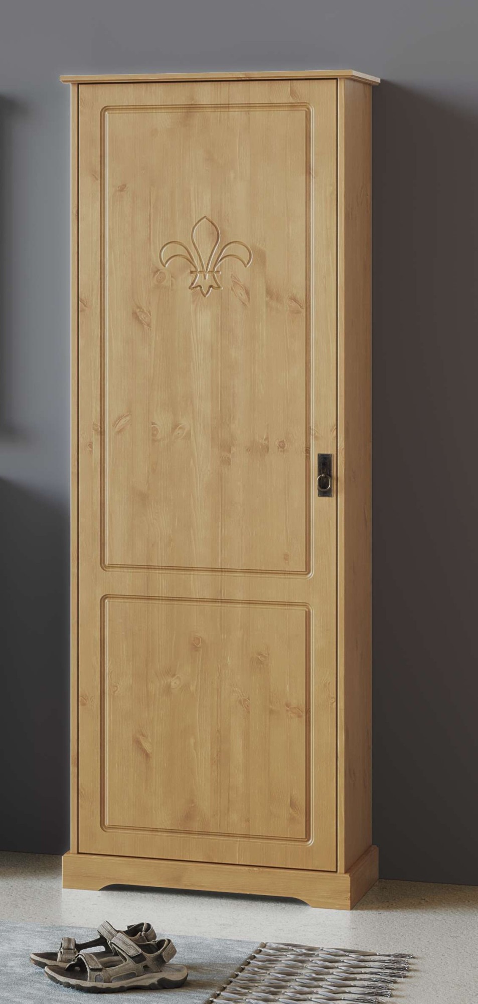 Image of GOODproduct Garderobenschrank "Lille Mehrzweckschrank Breite/Höhe: 67/187 cm" aus massiver Kiefer, mit schöner Lilien-Fräsung, Jugendstil-Griffe